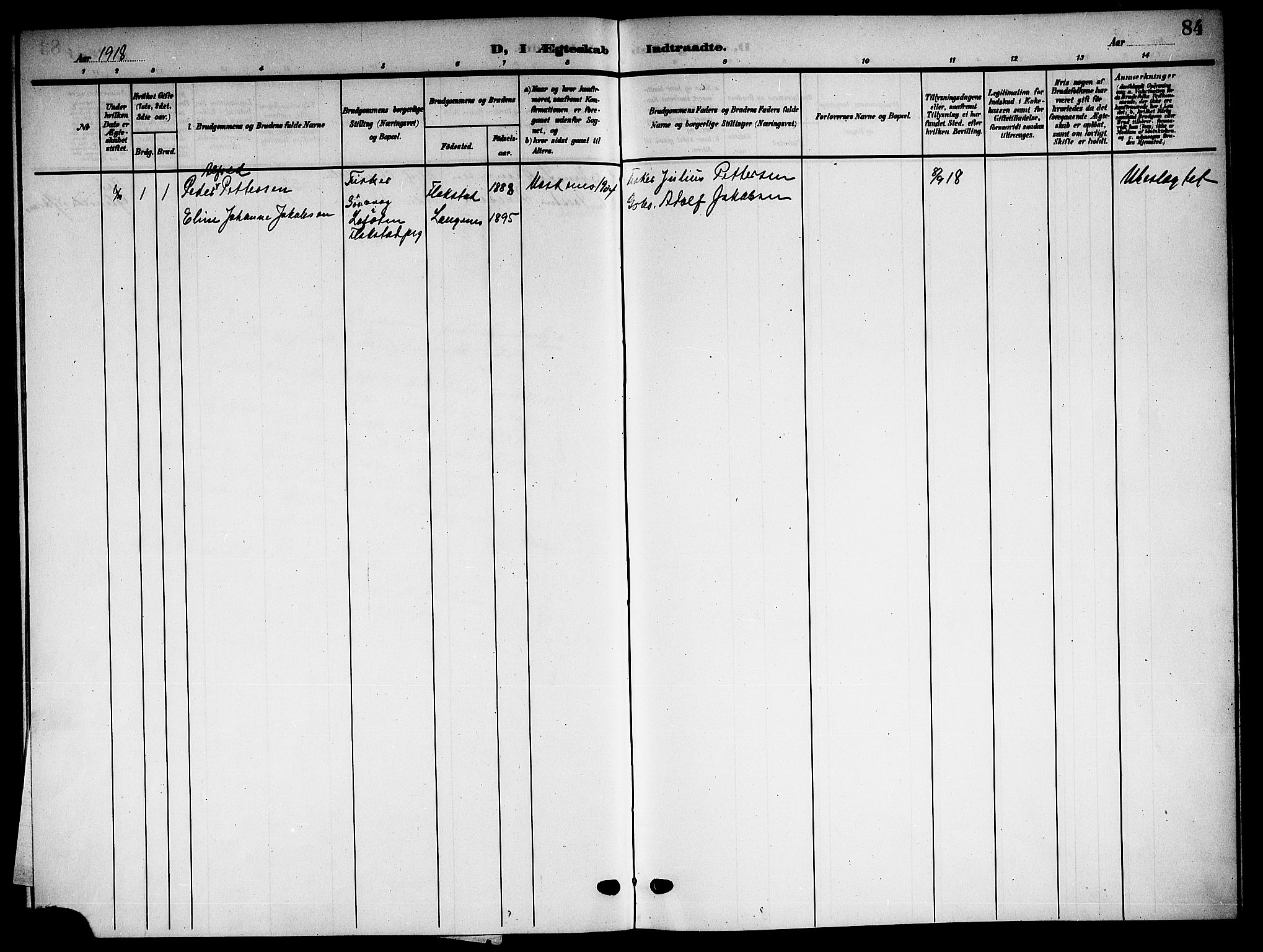 Ministerialprotokoller, klokkerbøker og fødselsregistre - Nordland, AV/SAT-A-1459/894/L1361: Parish register (copy) no. 894C04, 1905-1922, p. 84