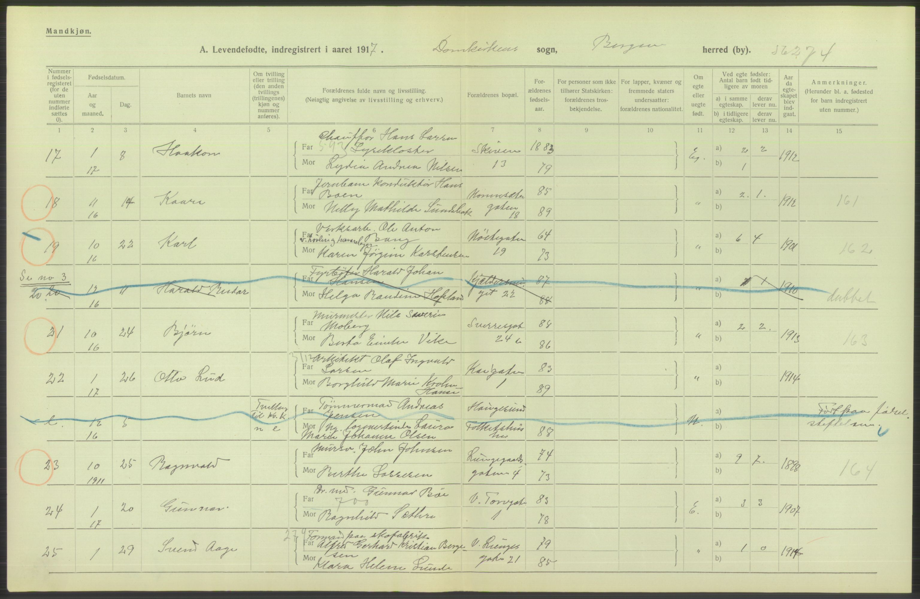 Statistisk sentralbyrå, Sosiodemografiske emner, Befolkning, RA/S-2228/D/Df/Dfb/Dfbg/L0037: Bergen: Levendefødte menn og kvinner., 1917, p. 58