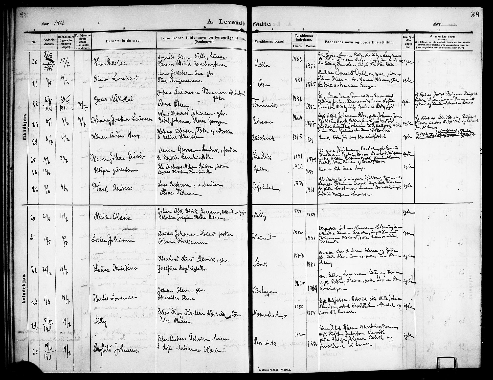 Ministerialprotokoller, klokkerbøker og fødselsregistre - Nordland, SAT/A-1459/843/L0639: Parish register (copy) no. 843C08, 1908-1924, p. 38