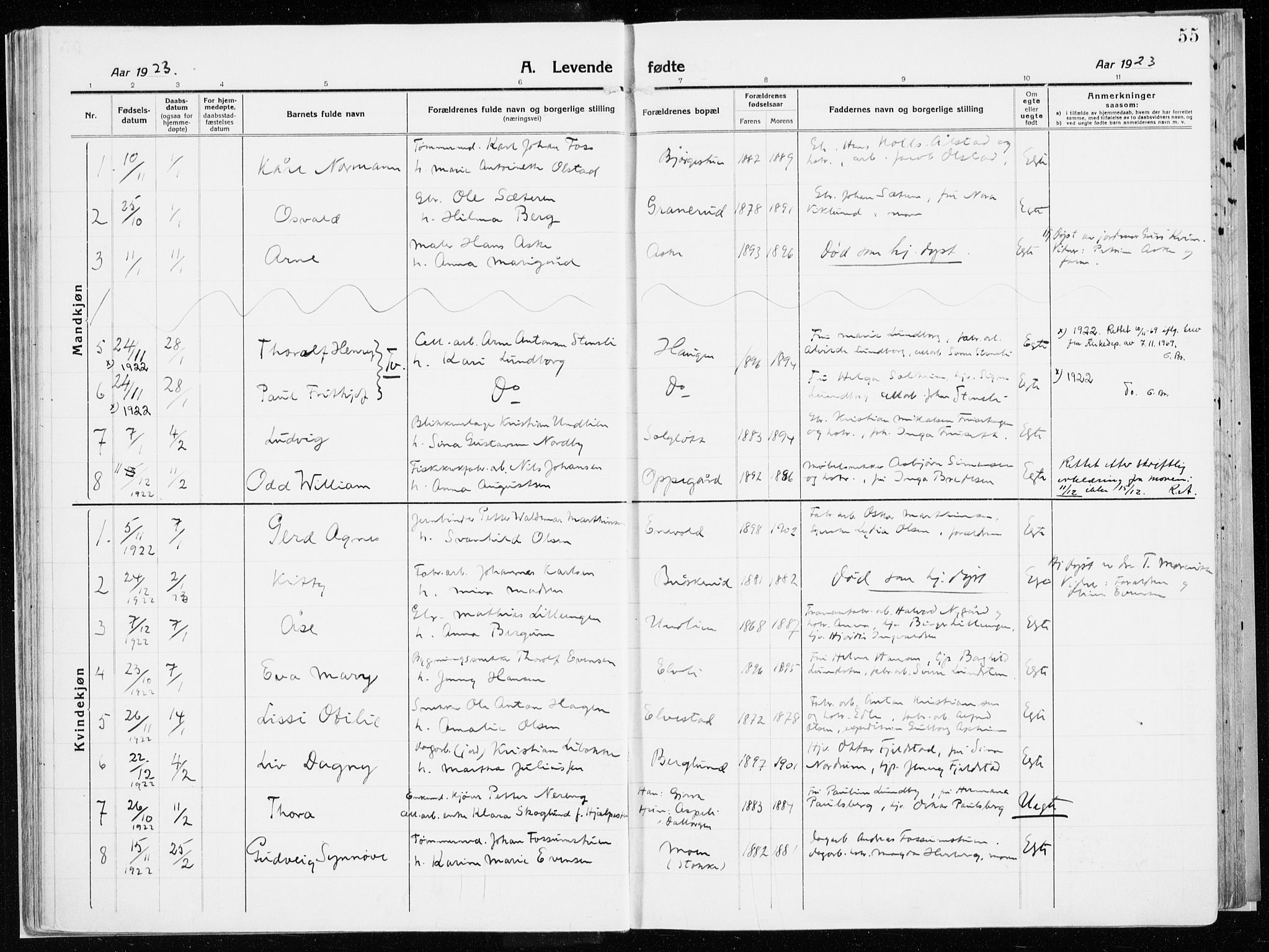 Vardal prestekontor, SAH/PREST-100/H/Ha/Haa/L0017: Parish register (official) no. 17, 1915-1929, p. 55