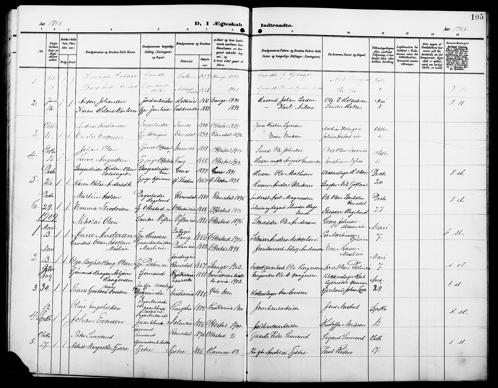 Stange prestekontor, AV/SAH-PREST-002/L/L0013: Parish register (copy) no. 13, 1906-1915, p. 105