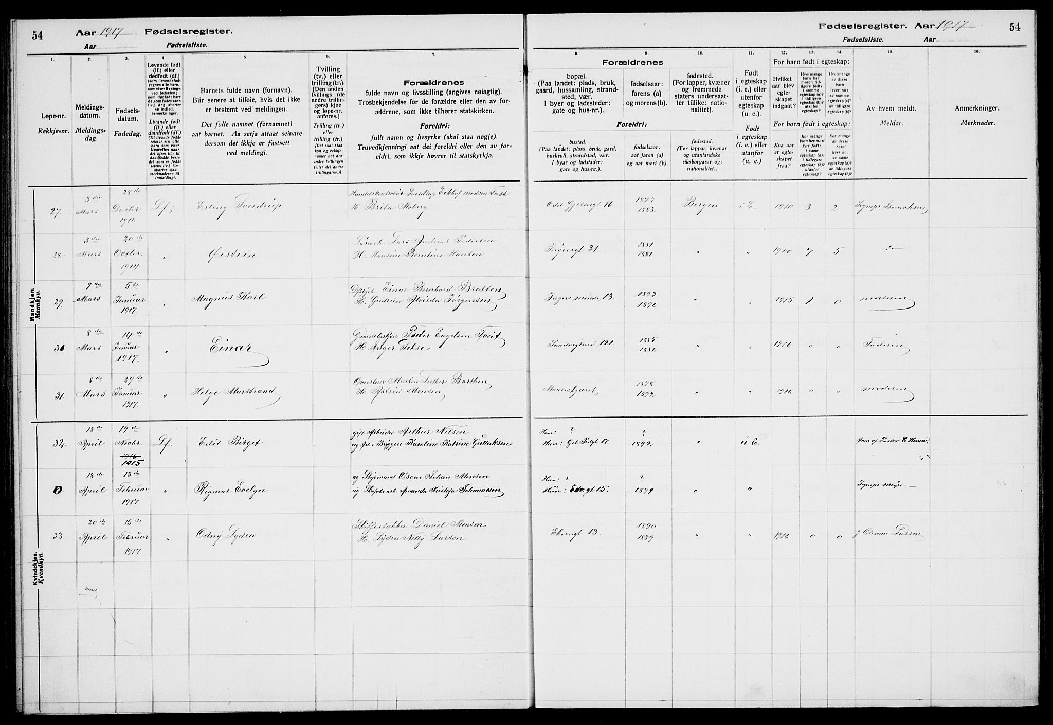 Sandviken Sokneprestembete, AV/SAB-A-77601/I/Ib/L00A1: Birth register no. A 1, 1915-1920, p. 54