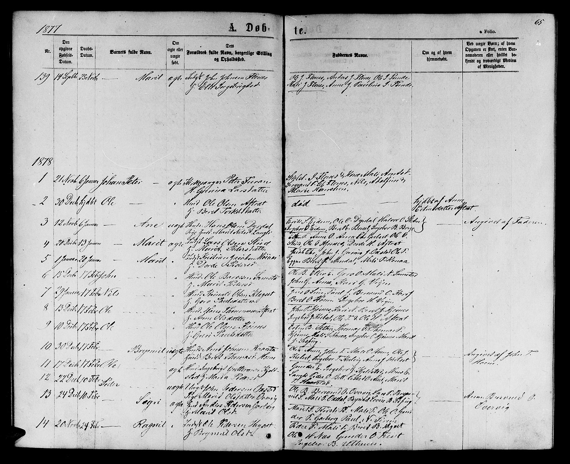 Ministerialprotokoller, klokkerbøker og fødselsregistre - Sør-Trøndelag, AV/SAT-A-1456/695/L1156: Parish register (copy) no. 695C07, 1869-1888, p. 65