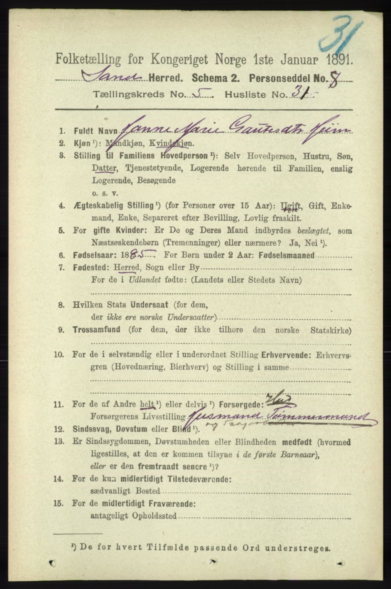 RA, 1891 census for 1136 Sand, 1891, p. 1703