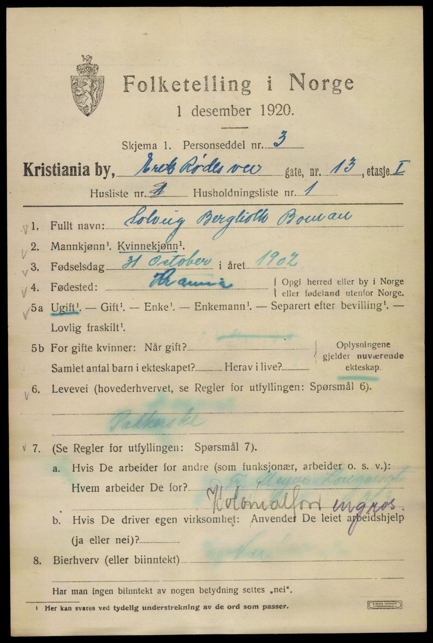 SAO, 1920 census for Kristiania, 1920, p. 219199