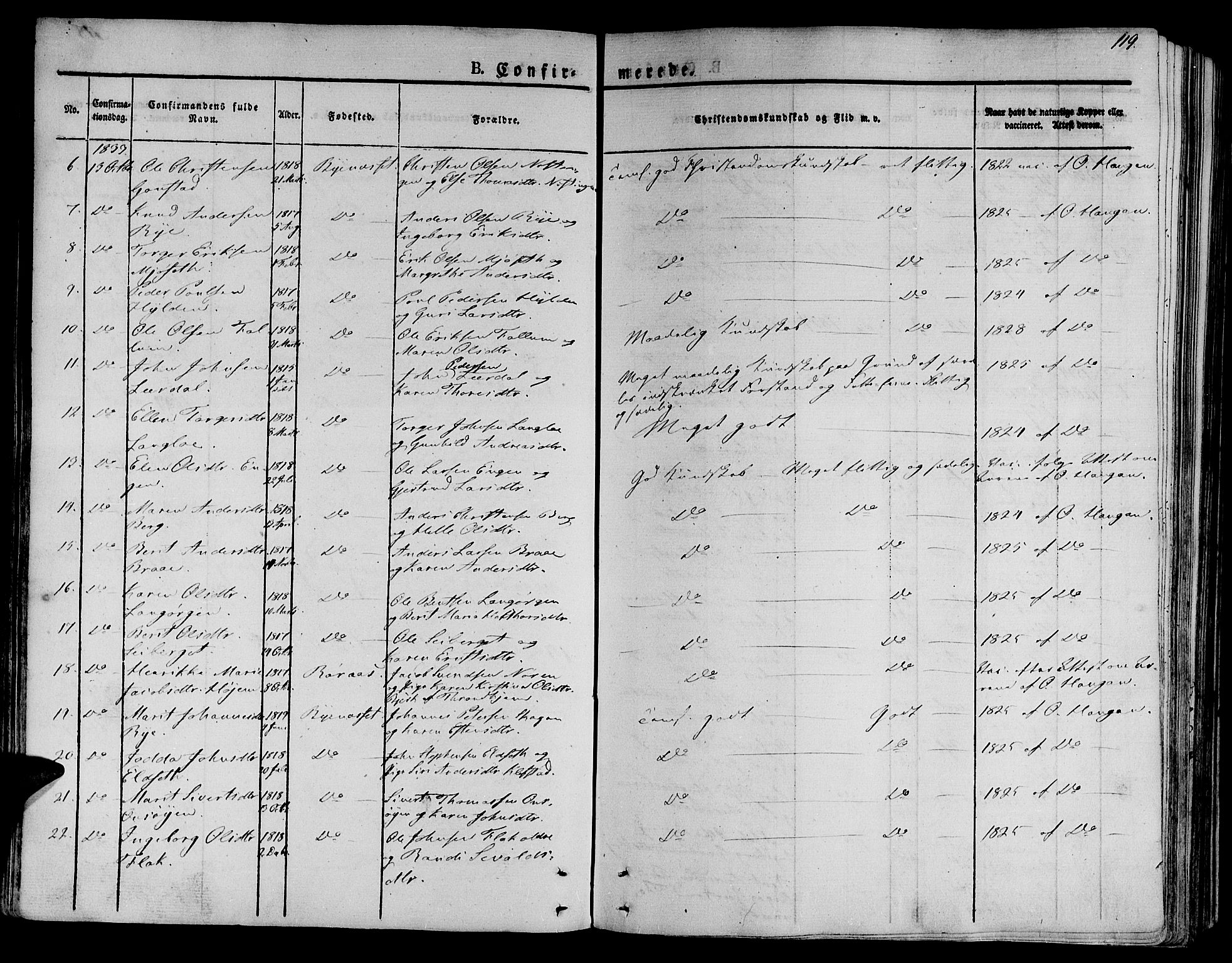 Ministerialprotokoller, klokkerbøker og fødselsregistre - Sør-Trøndelag, AV/SAT-A-1456/612/L0374: Parish register (official) no. 612A07 /1, 1829-1845, p. 119