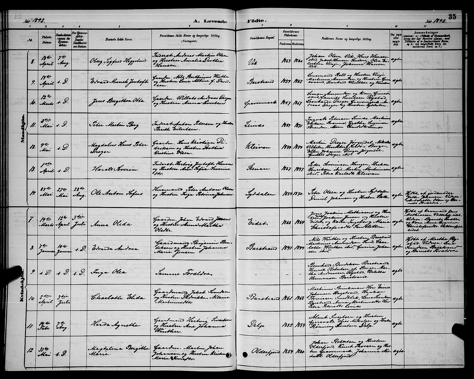 Ministerialprotokoller, klokkerbøker og fødselsregistre - Nordland, AV/SAT-A-1459/876/L1104: Parish register (copy) no. 876C03, 1886-1896, p. 35