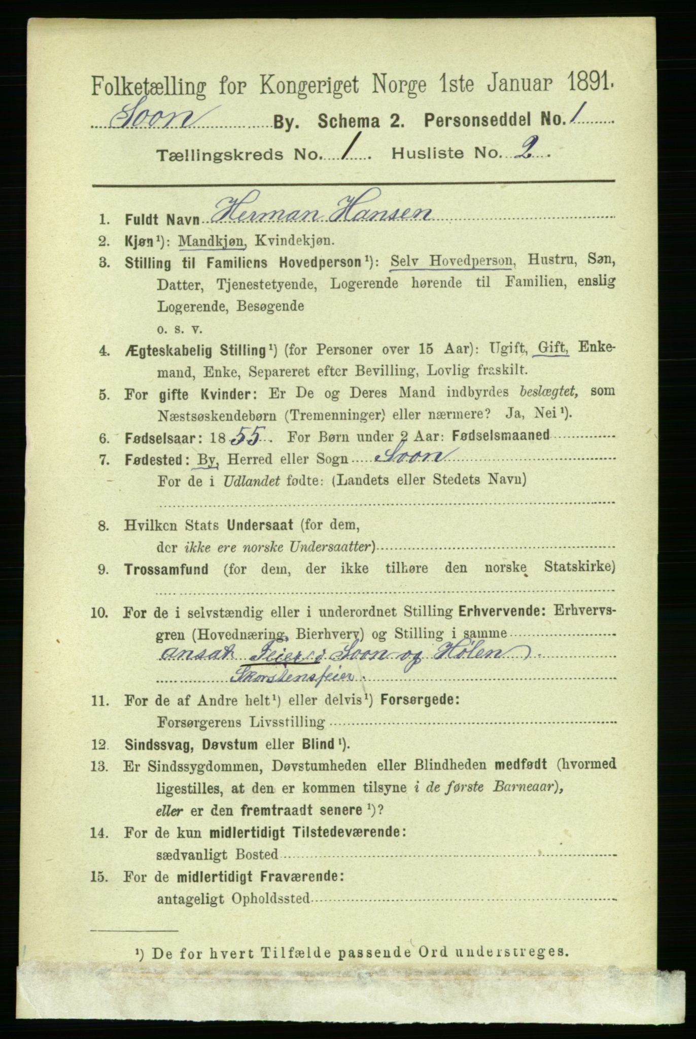 RA, 1891 census for 0201 Son, 1891, p. 14