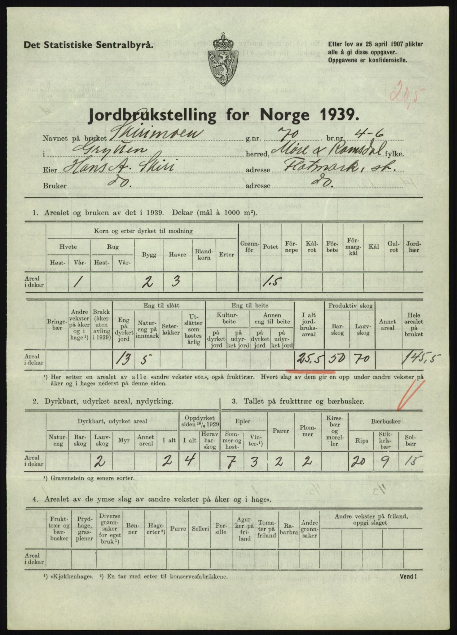 Statistisk sentralbyrå, Næringsøkonomiske emner, Jordbruk, skogbruk, jakt, fiske og fangst, AV/RA-S-2234/G/Gb/L0251: Møre og Romsdal: Voll, Eid, Grytten og Hen, 1939, p. 663