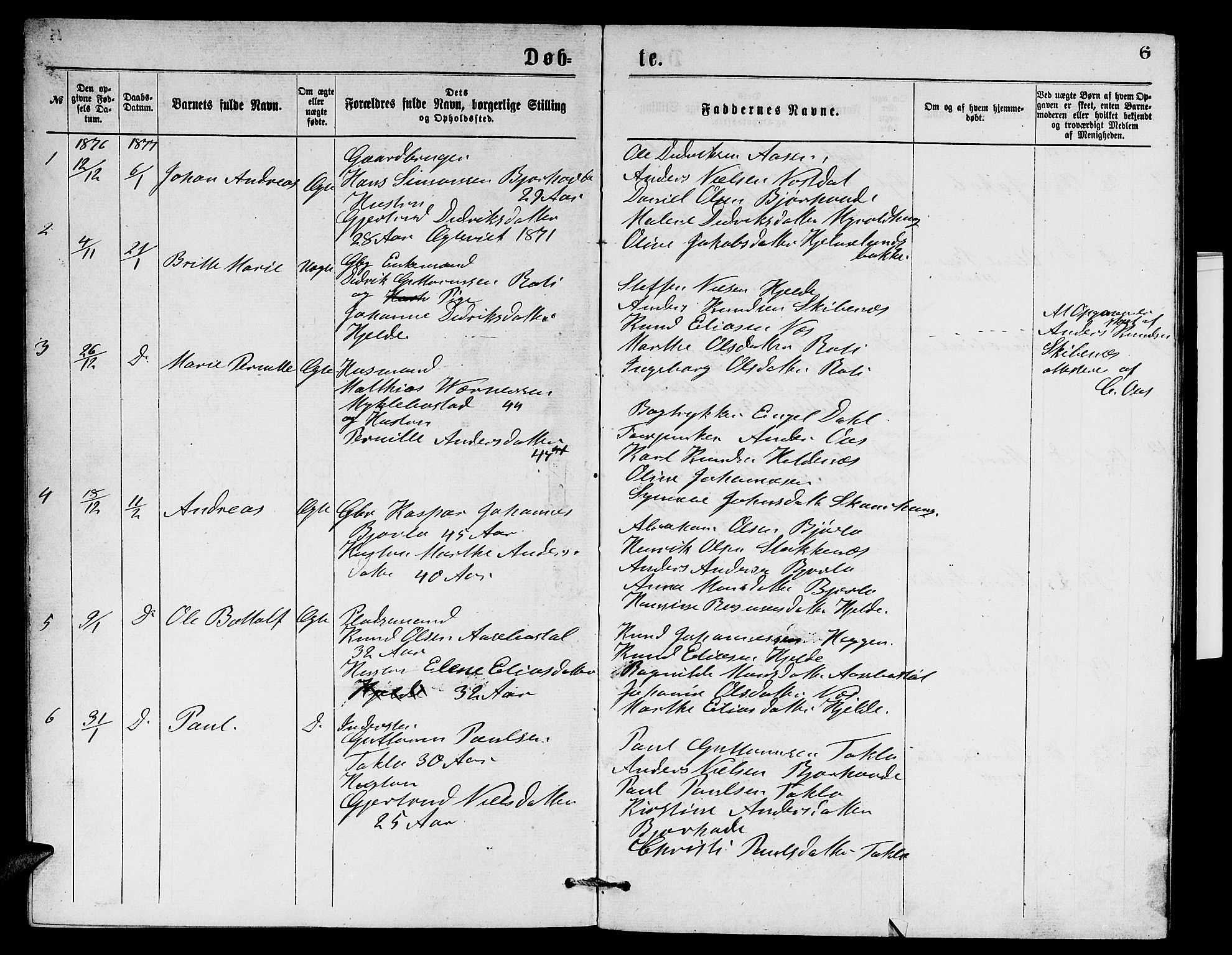 Eid sokneprestembete, SAB/A-82301/H/Hab/Habb/L0001: Parish register (copy) no. B 1, 1877-1882, p. 6