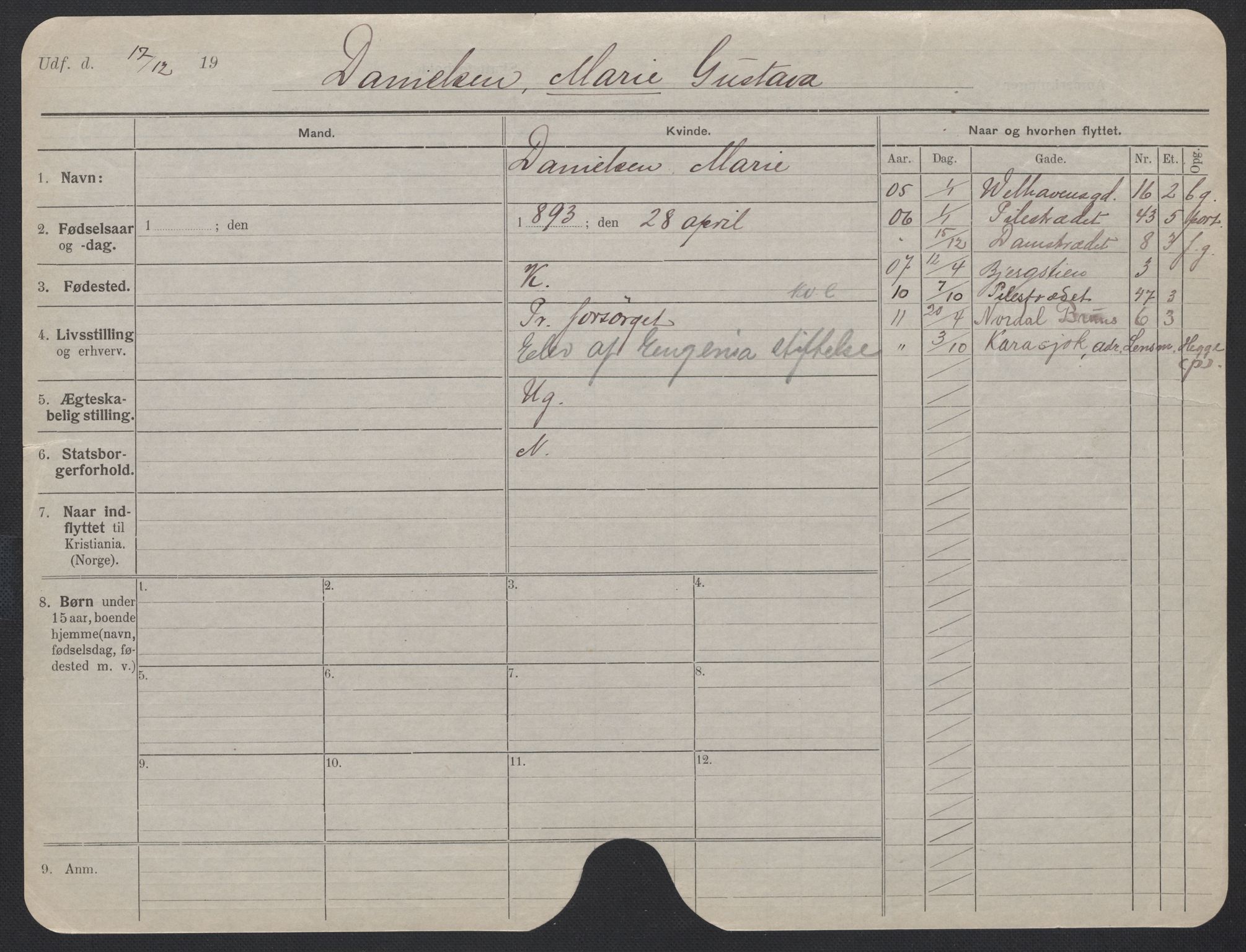 Oslo folkeregister, Registerkort, AV/SAO-A-11715/F/Fa/Fac/L0013: Kvinner, 1906-1914, p. 1223a