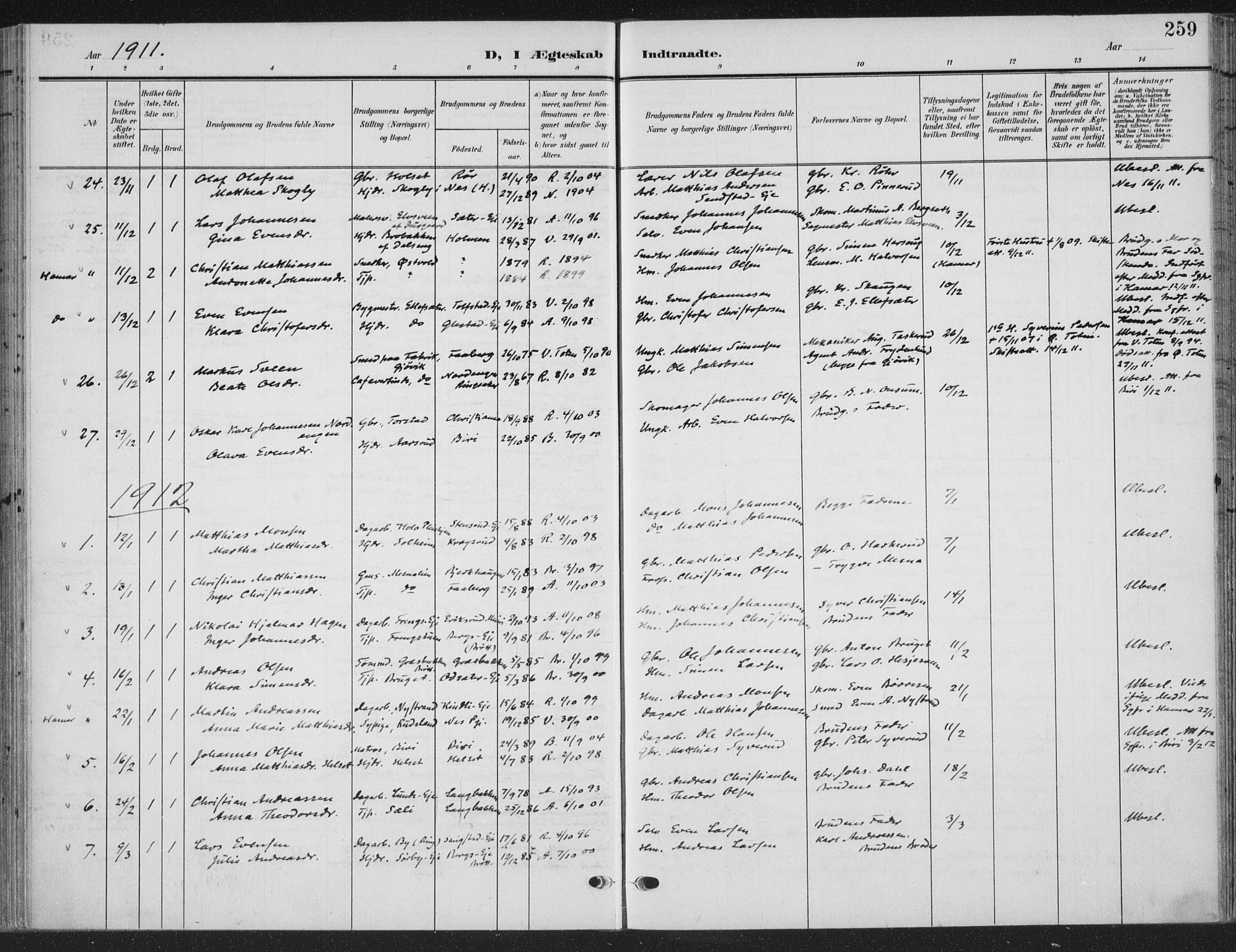 Ringsaker prestekontor, SAH/PREST-014/K/Ka/L0018: Parish register (official) no. 18, 1903-1912, p. 259