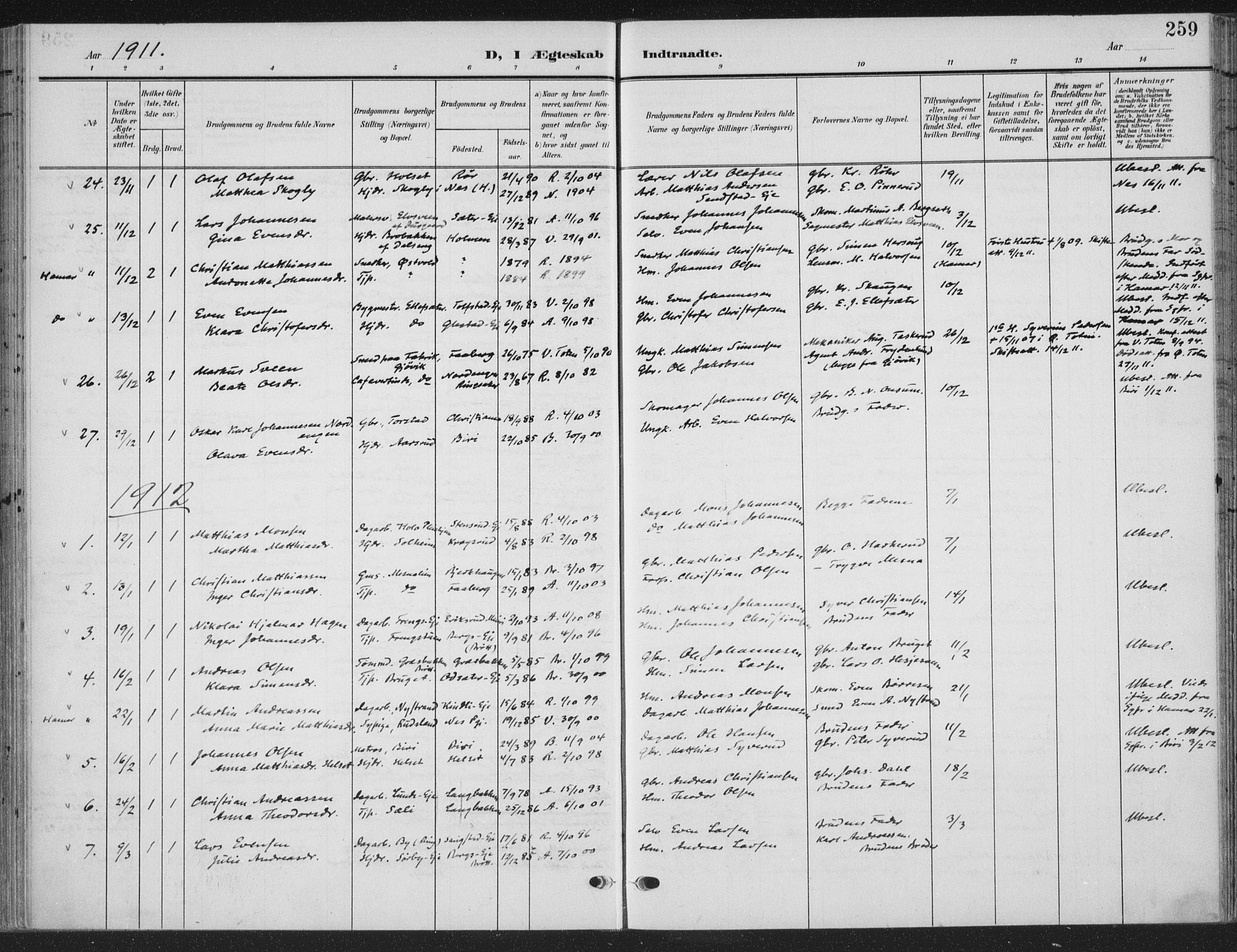 Ringsaker prestekontor, AV/SAH-PREST-014/K/Ka/L0018: Parish register (official) no. 18, 1903-1912, p. 259