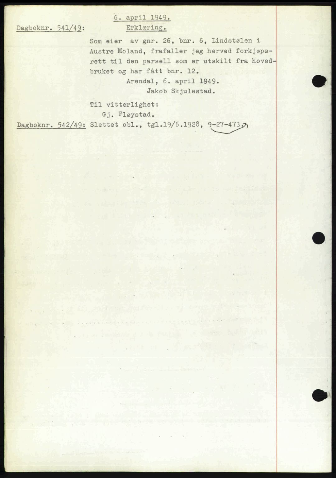 Nedenes sorenskriveri, SAK/1221-0006/G/Gb/Gba/L0060: Mortgage book no. A12, 1948-1949, Diary no: : 541/1949