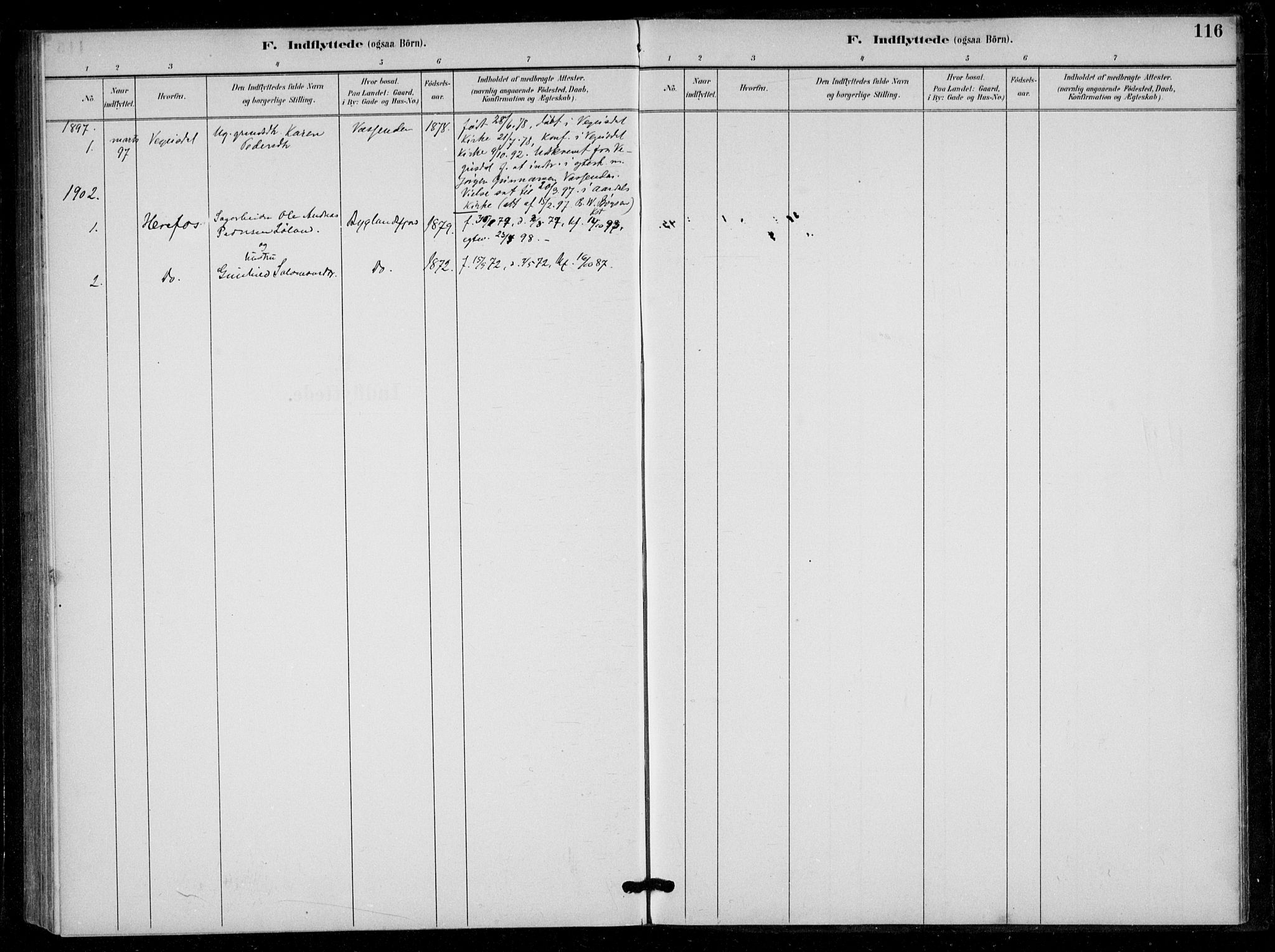 Bygland sokneprestkontor, SAK/1111-0006/F/Fa/Fad/L0001: Parish register (official) no. A 1, 1885-1906, p. 116