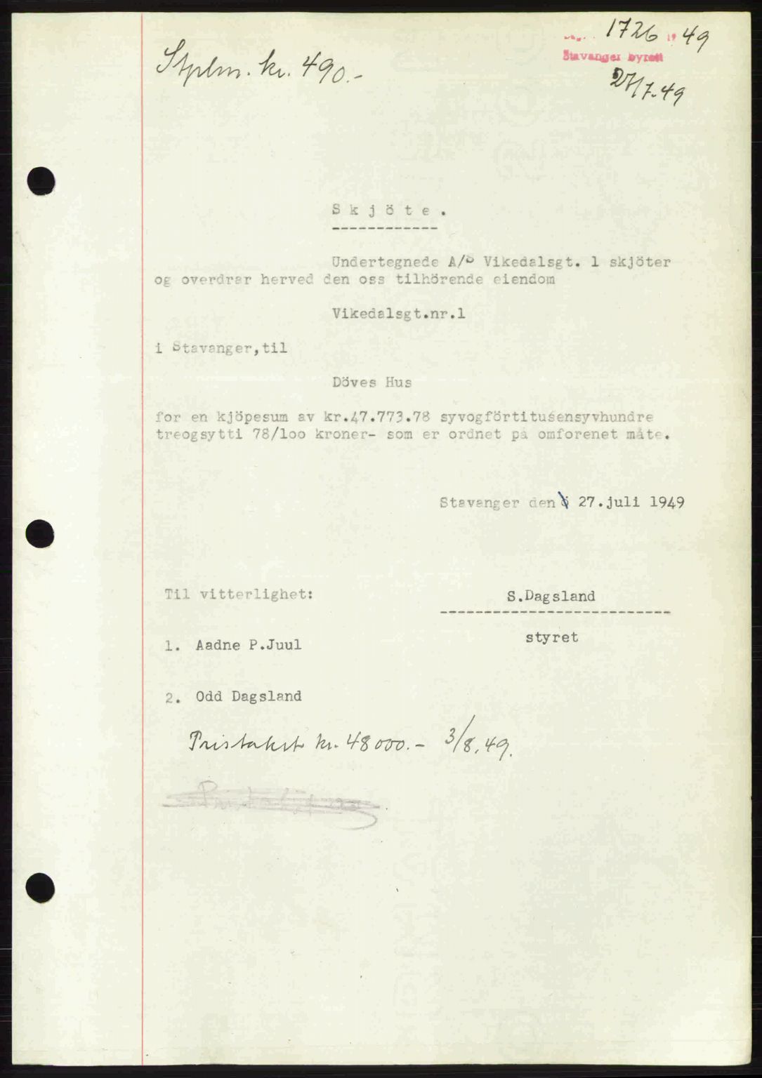 Stavanger byrett, SAST/A-100455/002/G/Gb/L0023: Mortgage book no. A12, 1948-1949, Diary no: : 1726/1949