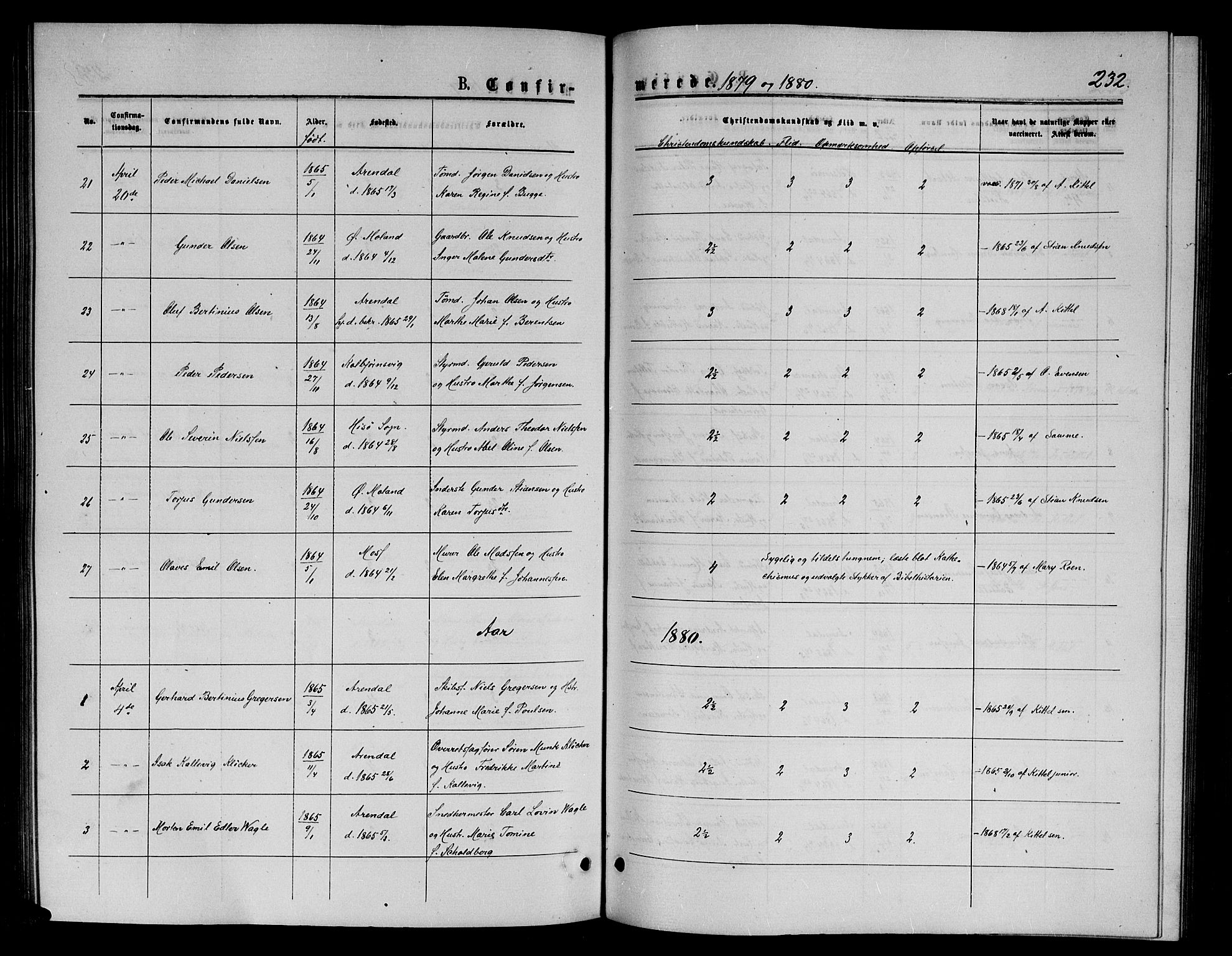 Arendal sokneprestkontor, Trefoldighet, AV/SAK-1111-0040/F/Fb/L0005: Parish register (copy) no. B 5, 1874-1888, p. 232