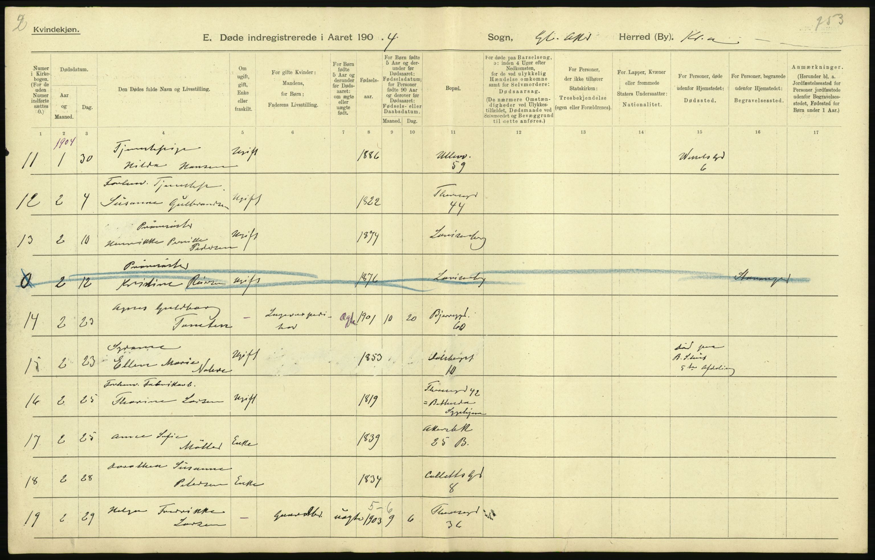 Statistisk sentralbyrå, Sosiodemografiske emner, Befolkning, AV/RA-S-2228/D/Df/Dfa/Dfab/L0004: Kristiania: Gifte, døde, 1904, p. 379