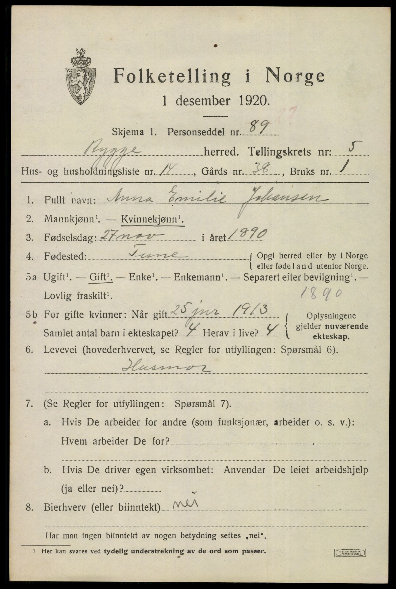 SAO, 1920 census for Rygge, 1920, p. 9749