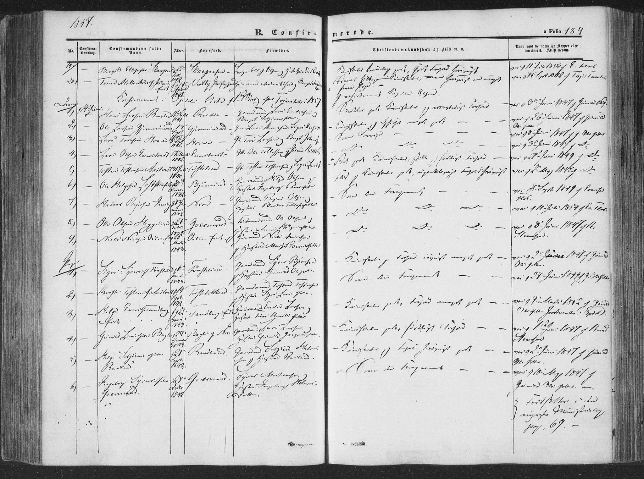 Rollag kirkebøker, AV/SAKO-A-240/F/Fa/L0008: Parish register (official) no. I 8, 1847-1860, p. 184