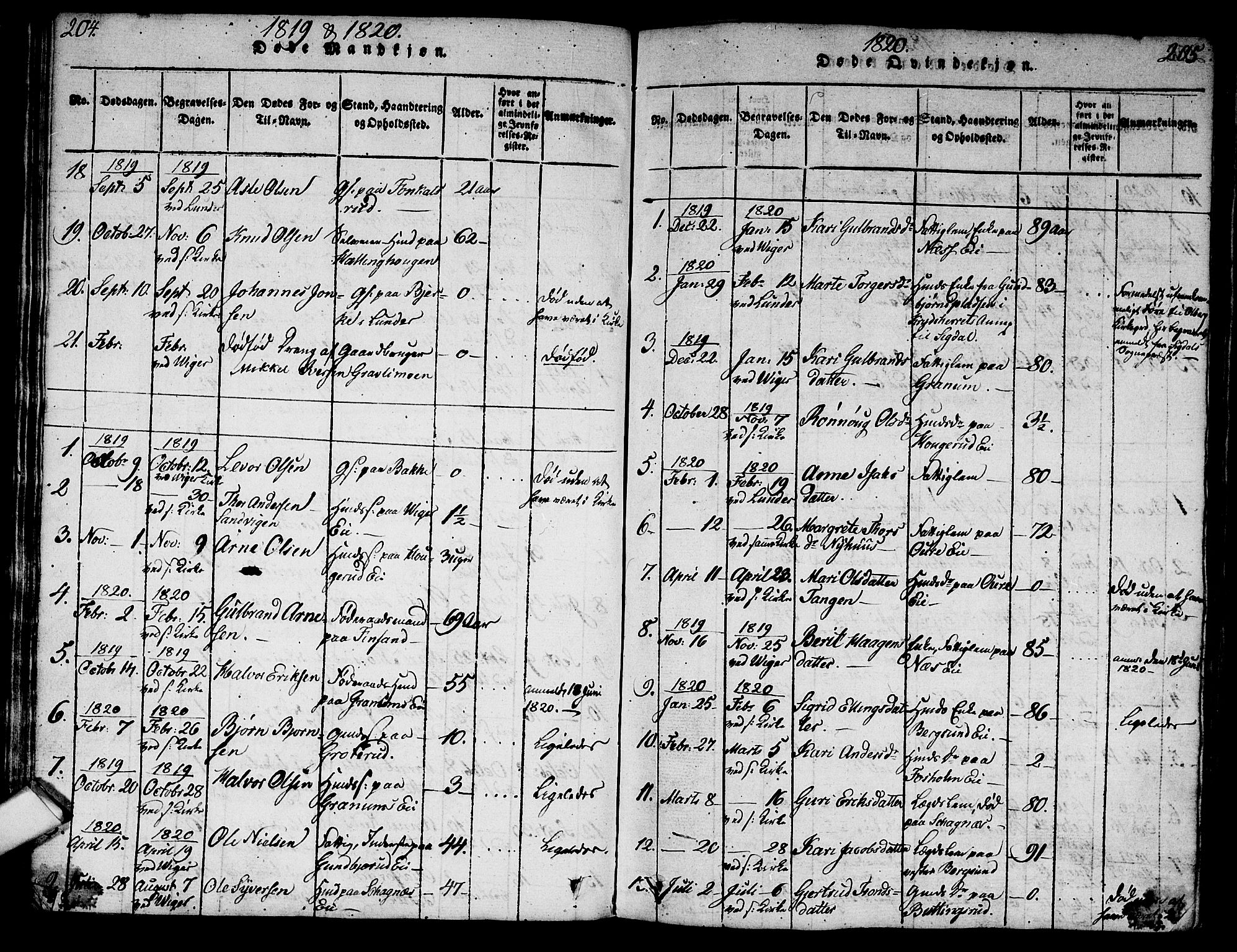 Norderhov kirkebøker, AV/SAKO-A-237/G/Ga/L0003: Parish register (copy) no. I 3 /2, 1814-1876, p. 204-205