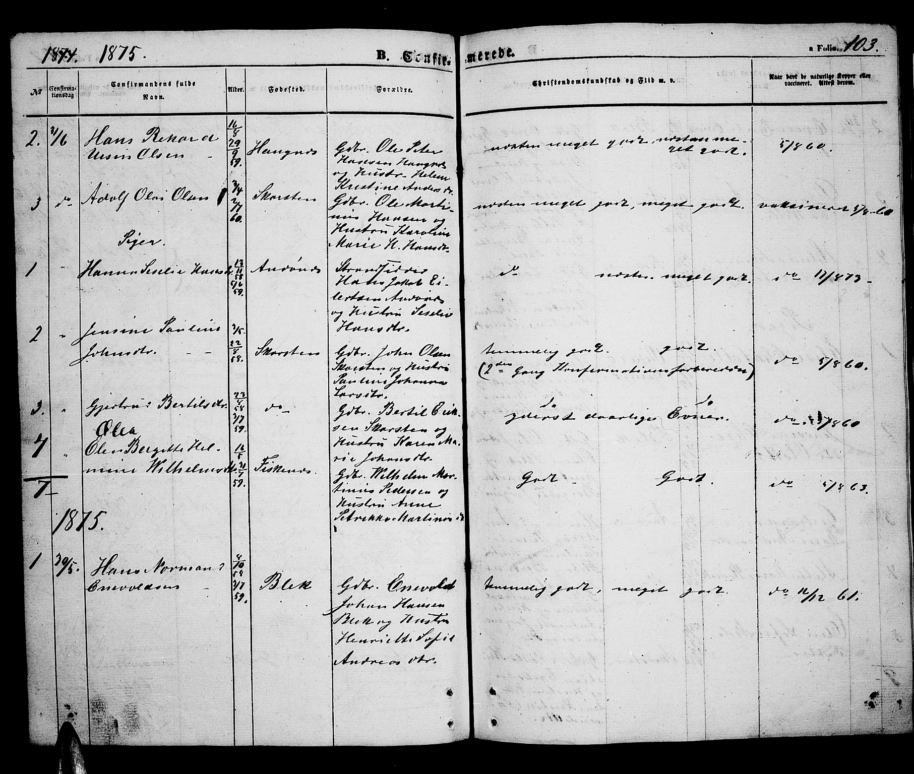 Ministerialprotokoller, klokkerbøker og fødselsregistre - Nordland, AV/SAT-A-1459/899/L1447: Parish register (copy) no. 899C02, 1855-1886, p. 103