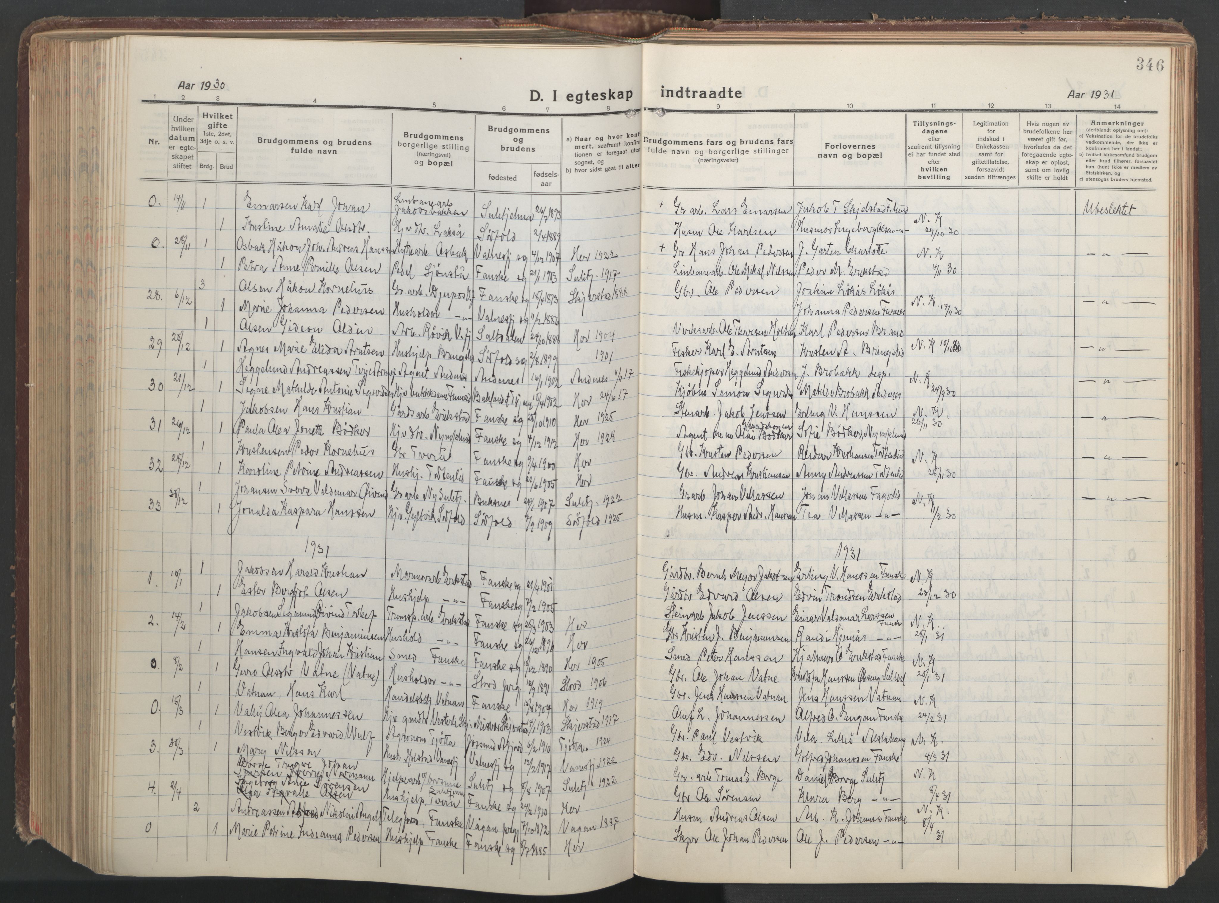 Ministerialprotokoller, klokkerbøker og fødselsregistre - Nordland, AV/SAT-A-1459/849/L0700: Parish register (copy) no. 849C01, 1919-1946, p. 346