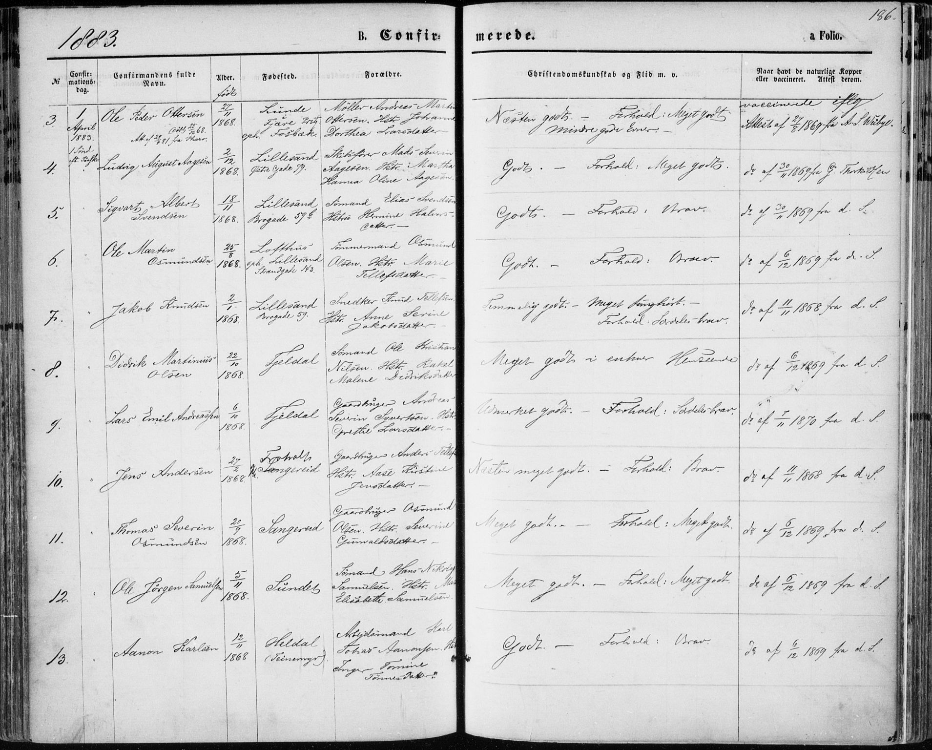 Vestre Moland sokneprestkontor, SAK/1111-0046/F/Fa/Fab/L0008: Parish register (official) no. A 8, 1873-1883, p. 186