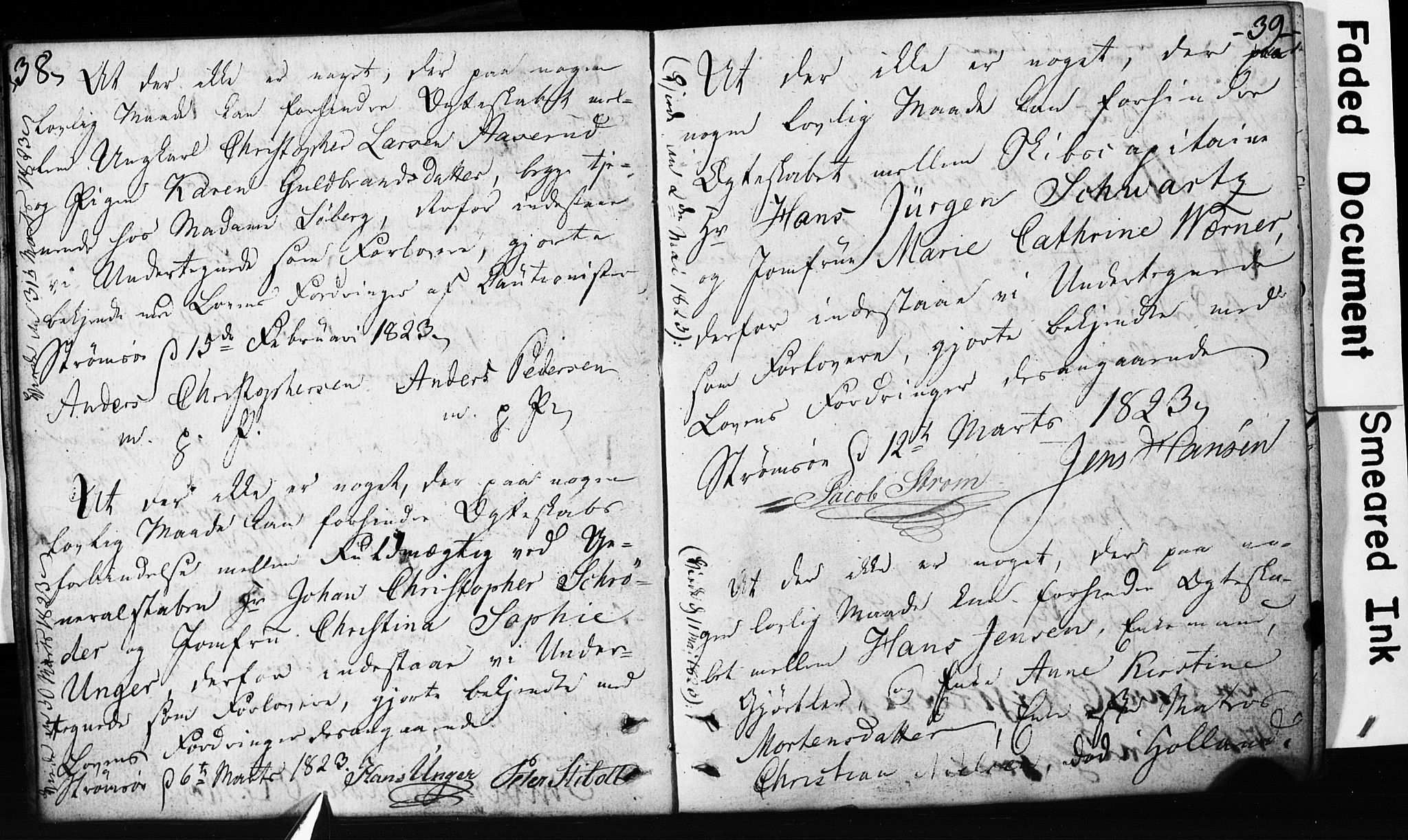 Strømsø kirkebøker, AV/SAKO-A-246/H/Hb/L0002: Best man's statements no. 2, 1815-1857, p. 38-39