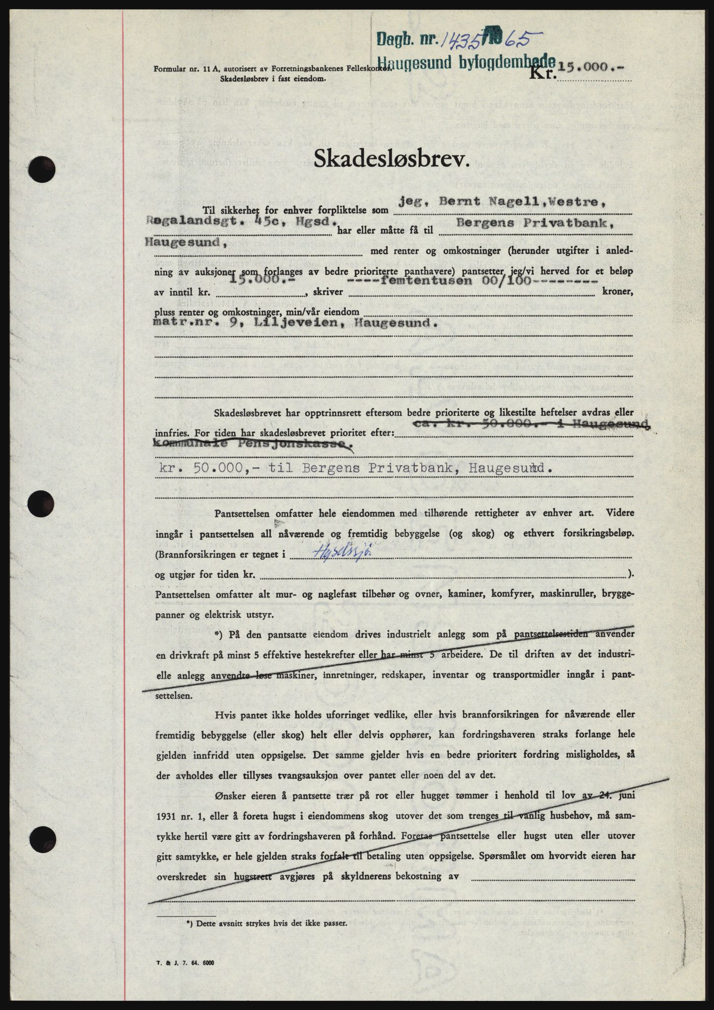 Haugesund tingrett, SAST/A-101415/01/II/IIC/L0053: Mortgage book no. B 53, 1965-1965, Diary no: : 1435/1965