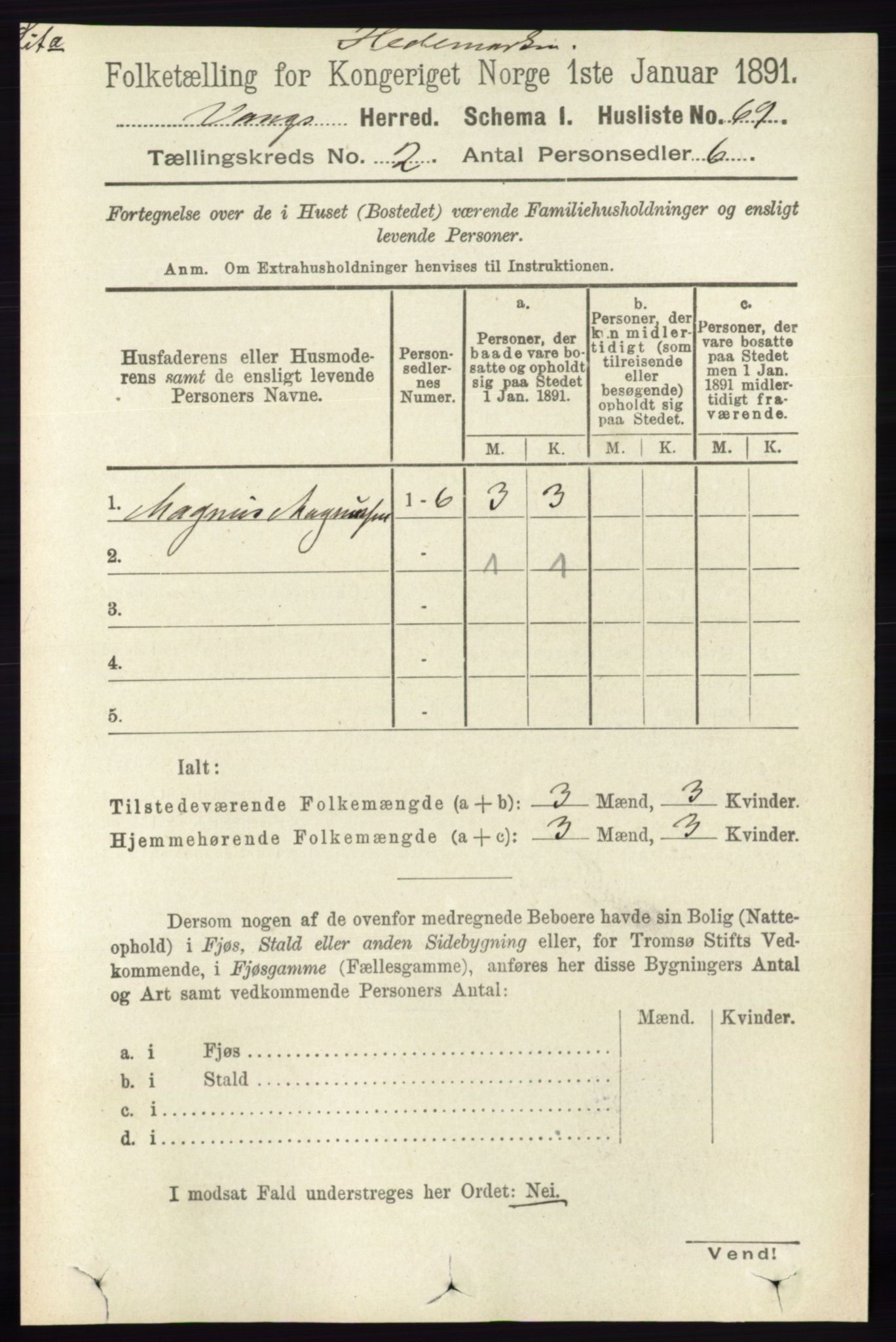 RA, 1891 census for 0414 Vang, 1891, p. 999
