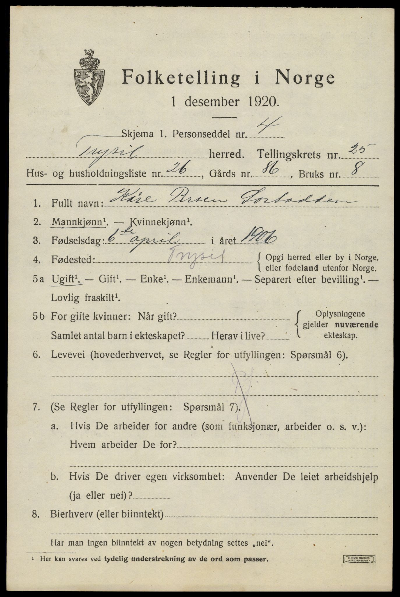 SAH, 1920 census for Trysil, 1920, p. 15995