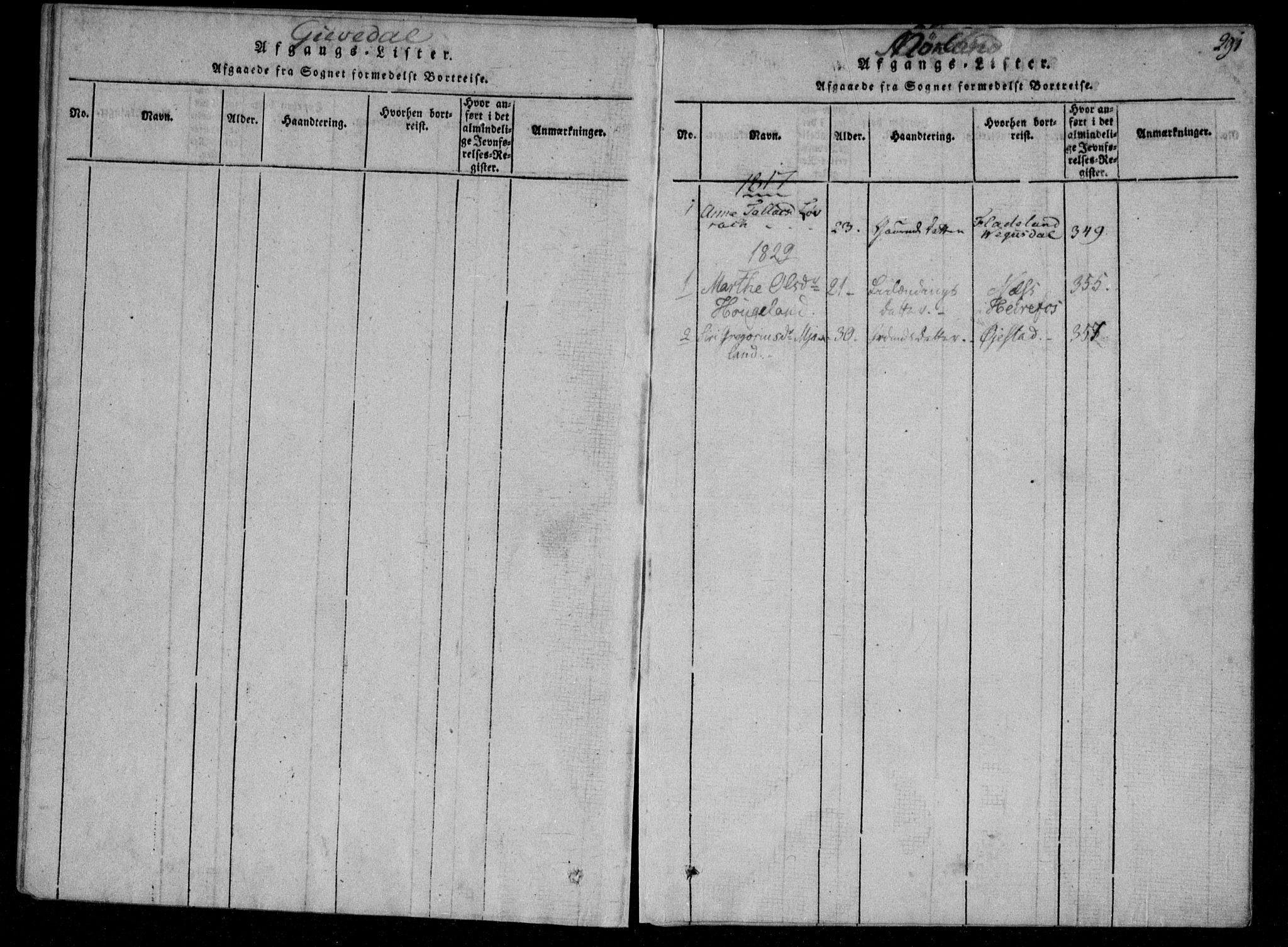 Åmli sokneprestkontor, SAK/1111-0050/F/Fa/Fac/L0006: Parish register (official) no. A 6, 1816-1829, p. 291