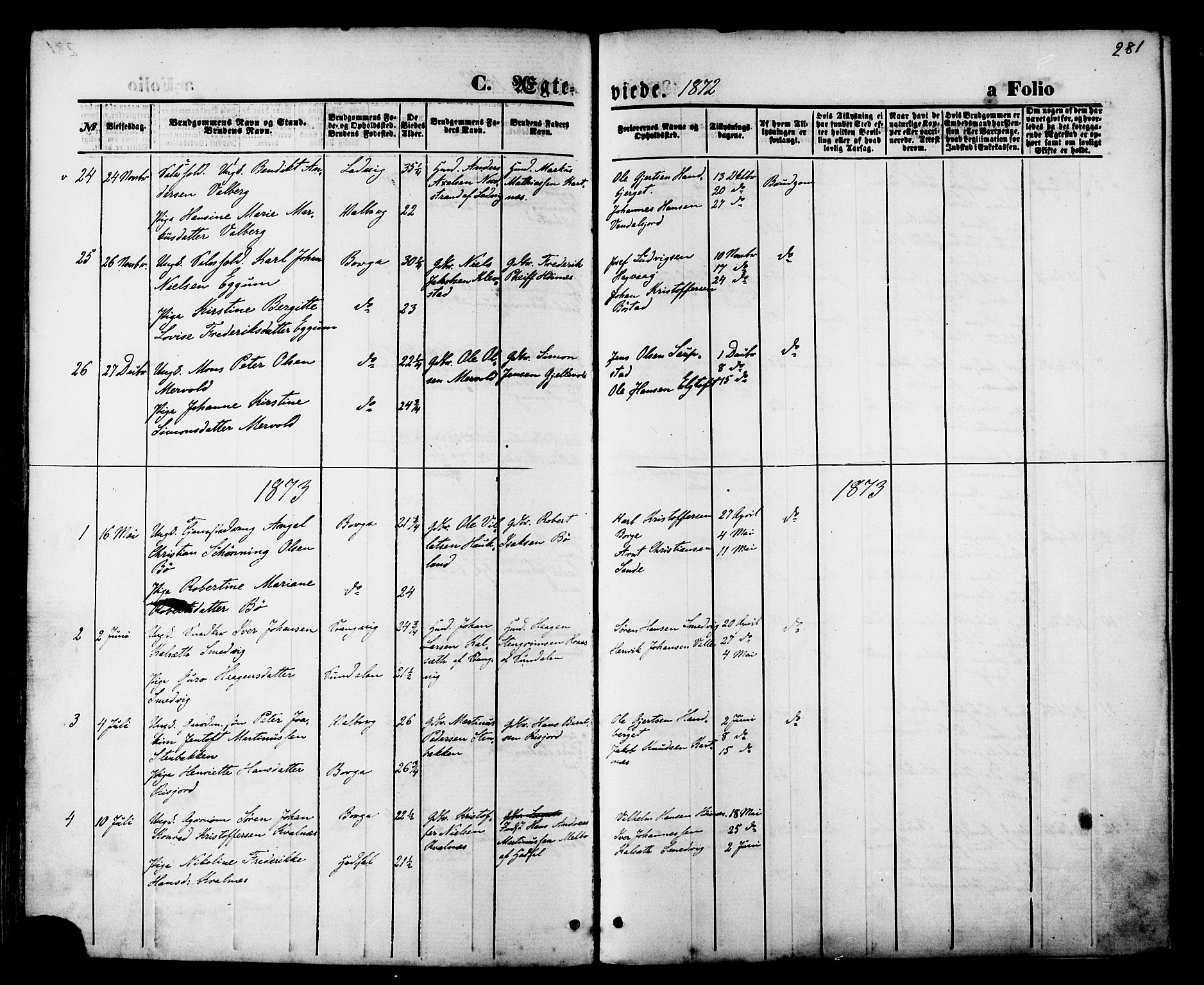Ministerialprotokoller, klokkerbøker og fødselsregistre - Nordland, SAT/A-1459/880/L1132: Parish register (official) no. 880A06, 1869-1887, p. 281