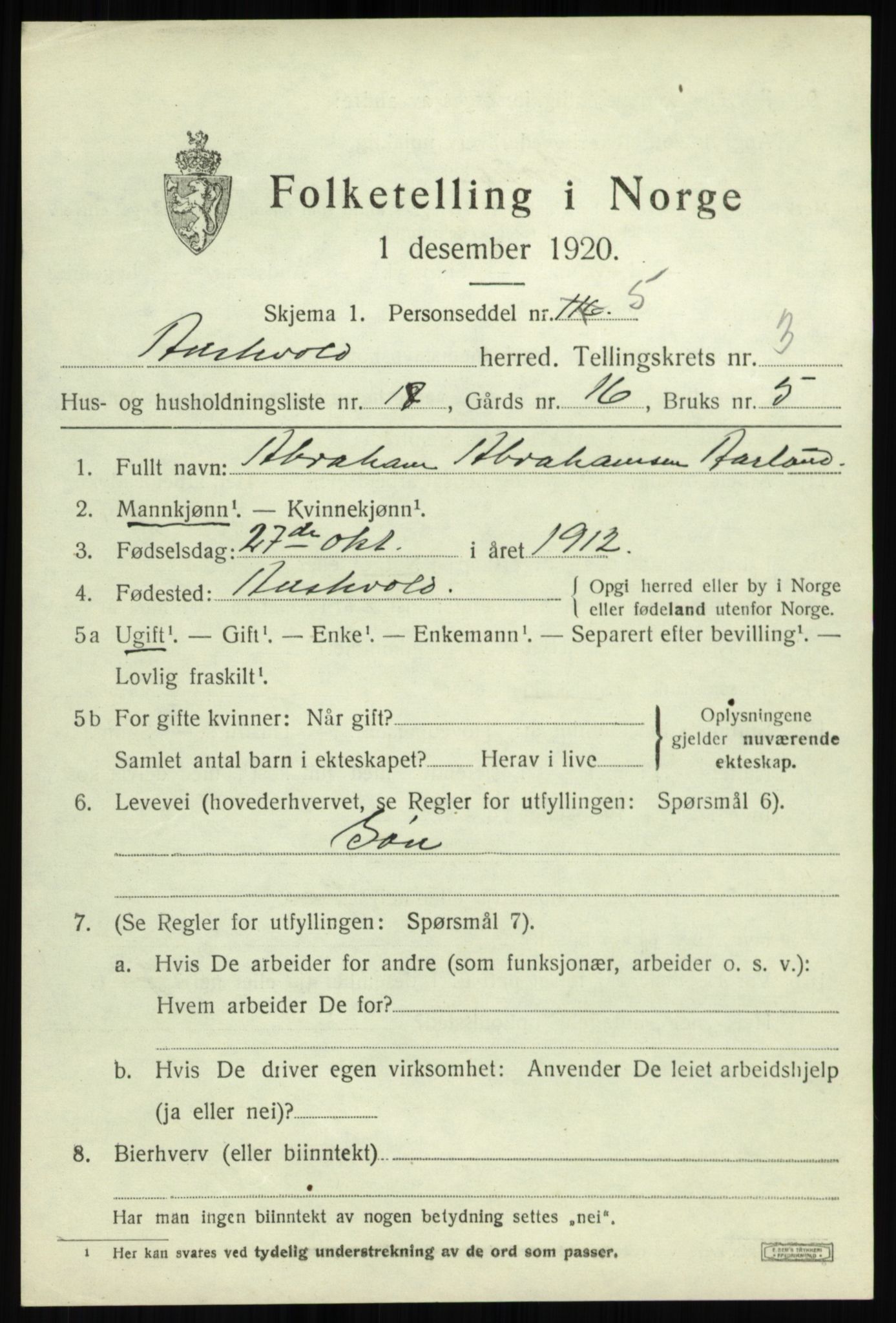 SAB, 1920 census for Austevoll, 1920, p. 2322