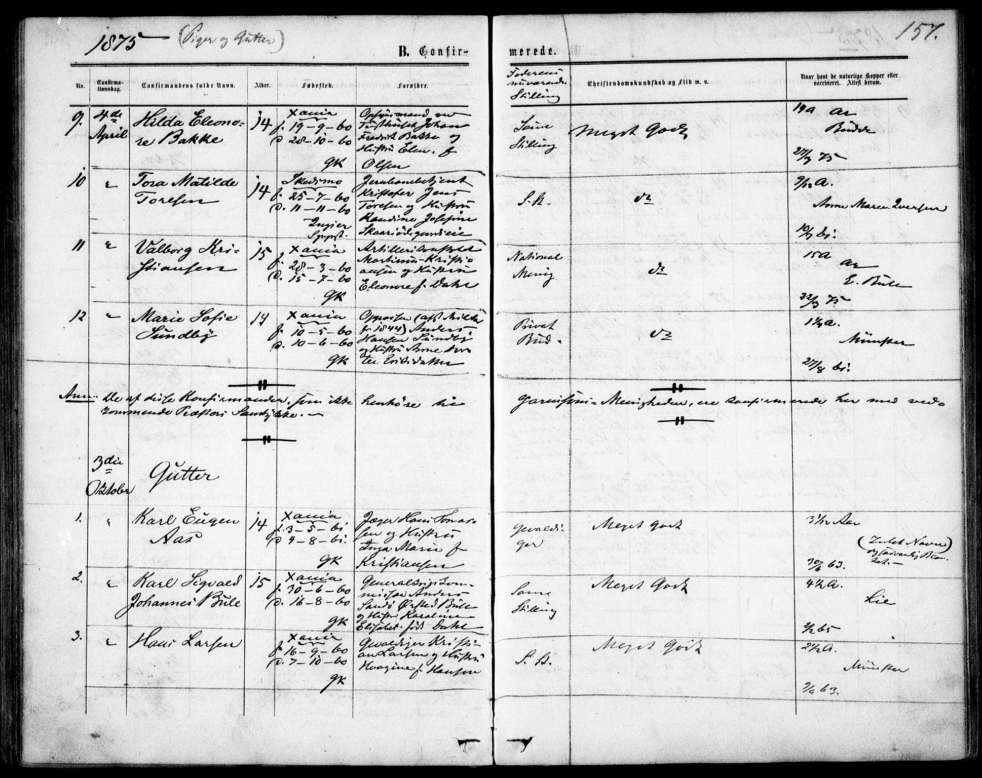 Garnisonsmenigheten Kirkebøker, AV/SAO-A-10846/F/Fa/L0011: Parish register (official) no. 11, 1870-1880, p. 157