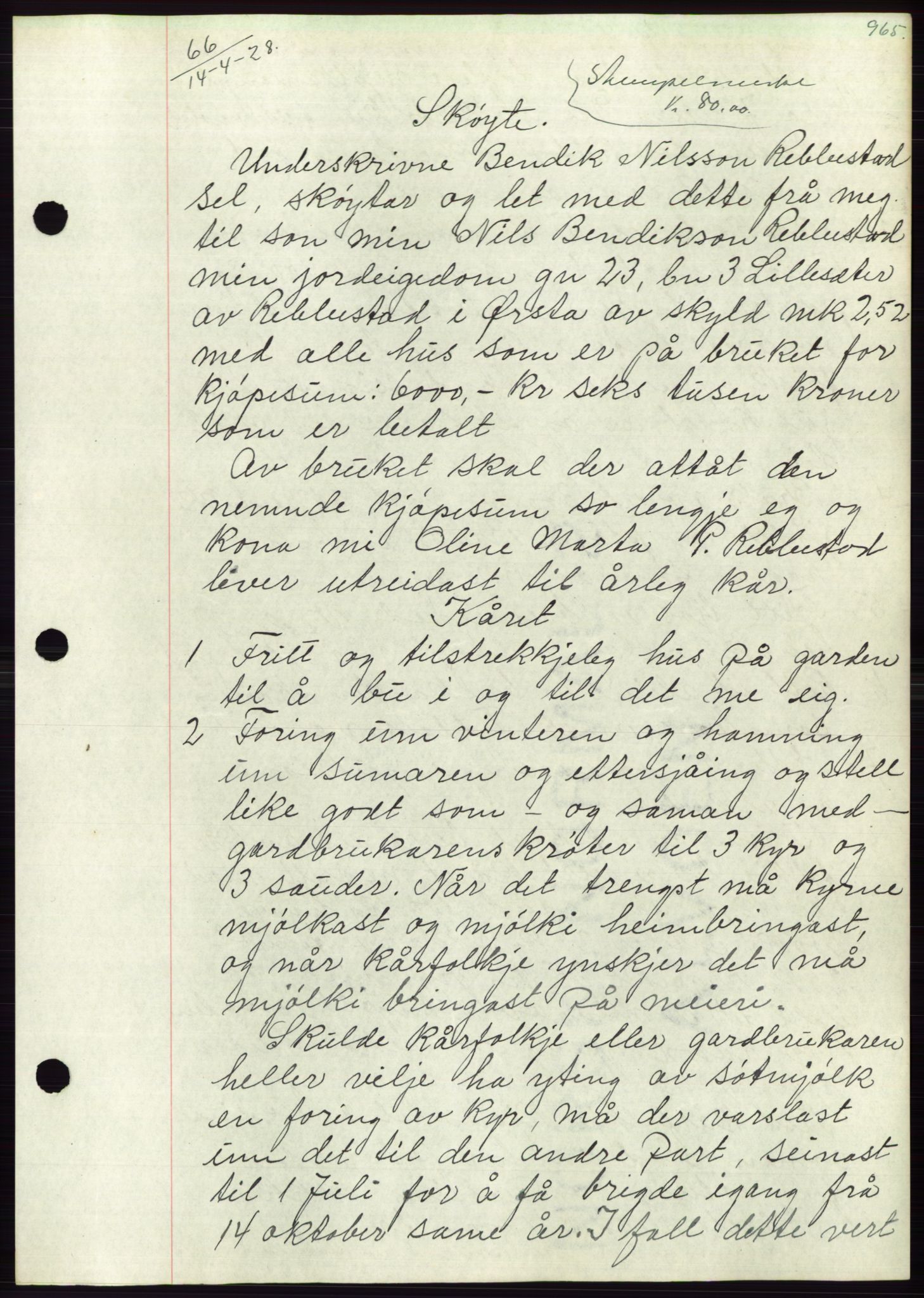 Søre Sunnmøre sorenskriveri, AV/SAT-A-4122/1/2/2C/L0047: Mortgage book no. 41, 1927-1928, Deed date: 14.04.1928