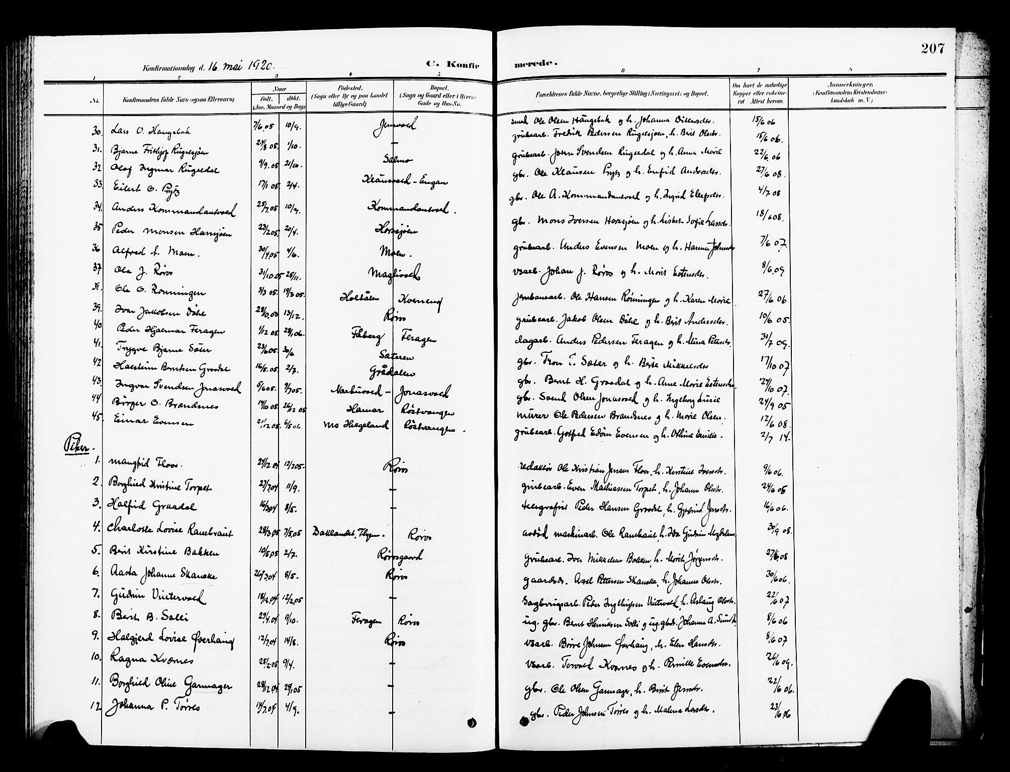 Ministerialprotokoller, klokkerbøker og fødselsregistre - Sør-Trøndelag, AV/SAT-A-1456/681/L0942: Parish register (copy) no. 681C06, 1906-1925, p. 207