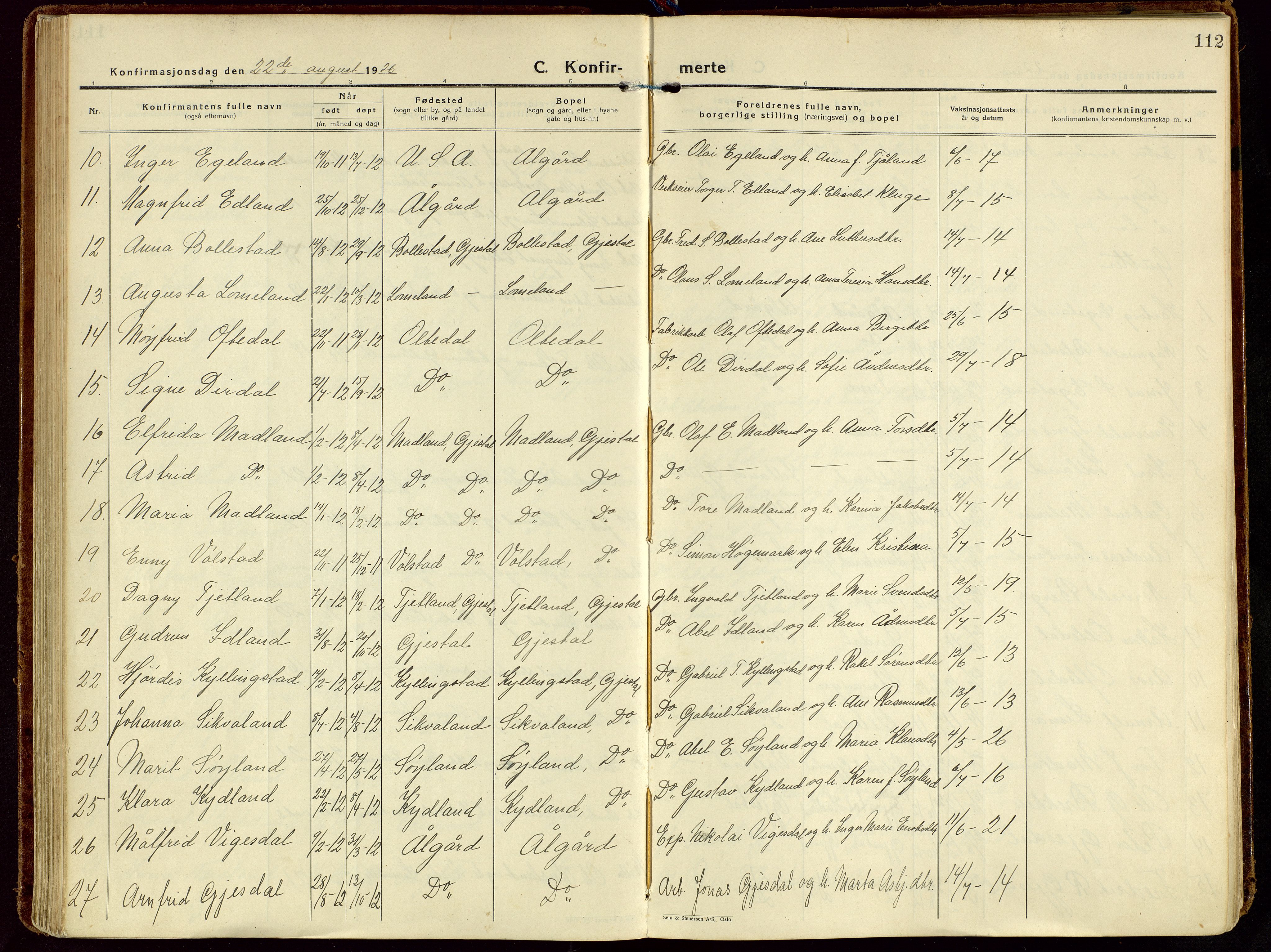 Gjesdal sokneprestkontor, AV/SAST-A-101796/003/O/L0001: Parish register (official) no. A 1, 1925-1949, p. 112