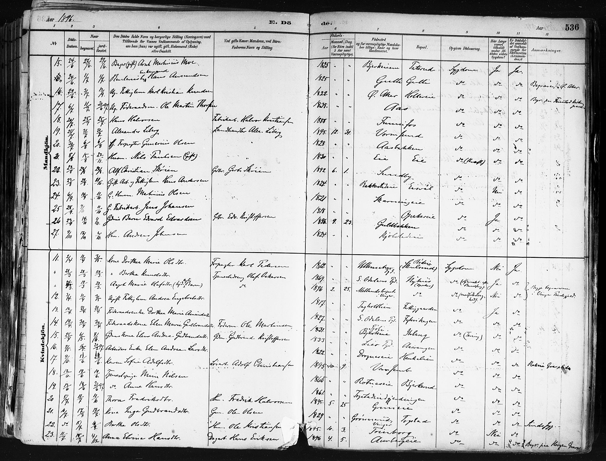 Nes prestekontor Kirkebøker, SAO/A-10410/F/Fa/L0010: Parish register (official) no. I 10, 1883-1898, p. 536
