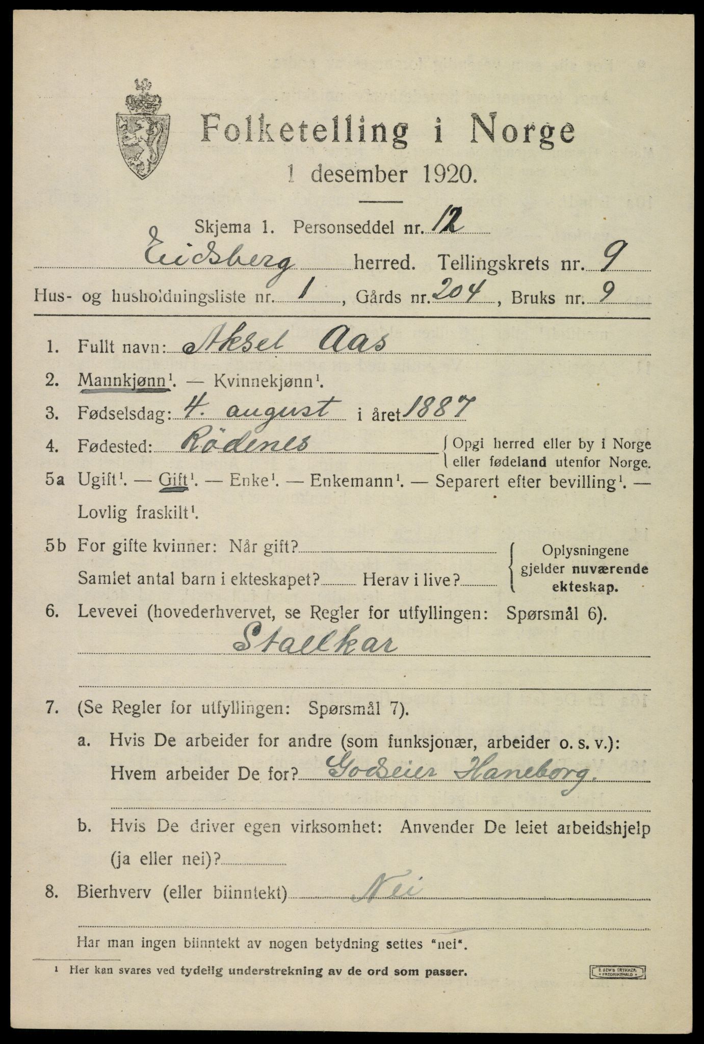 SAO, 1920 census for Eidsberg, 1920, p. 10477