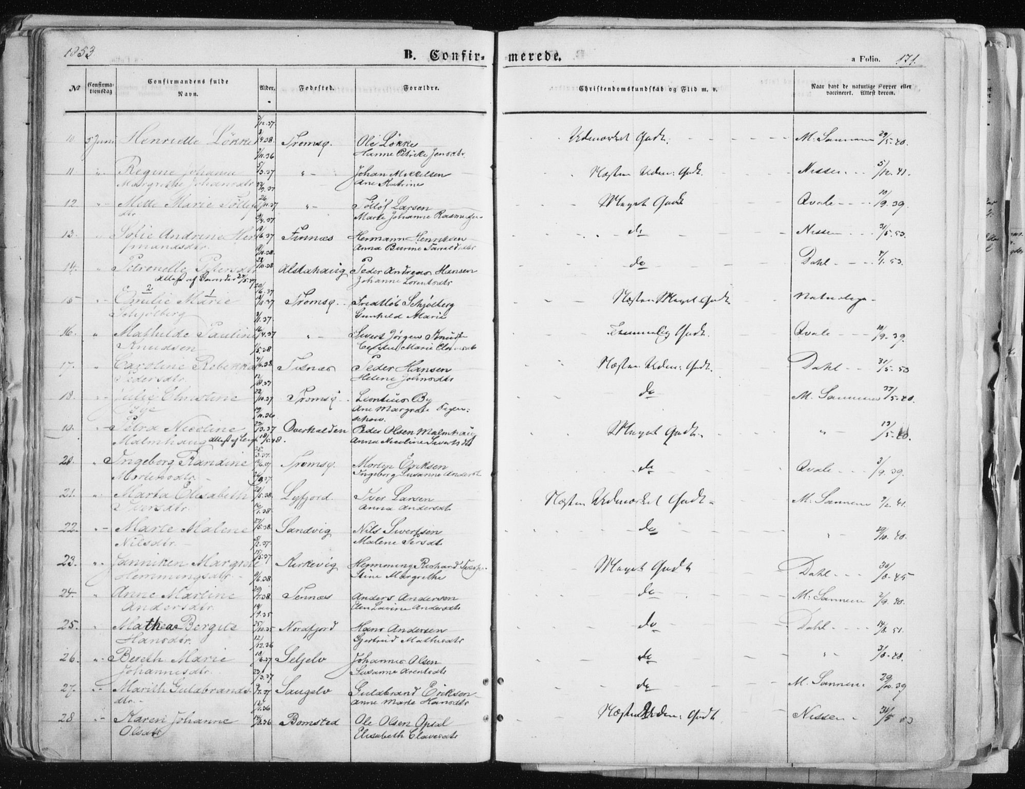 Tromsø sokneprestkontor/stiftsprosti/domprosti, AV/SATØ-S-1343/G/Ga/L0010kirke: Parish register (official) no. 10, 1848-1855, p. 171