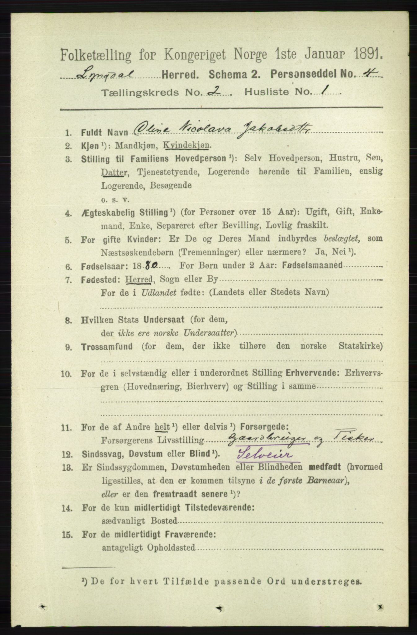 RA, 1891 census for 1032 Lyngdal, 1891, p. 549