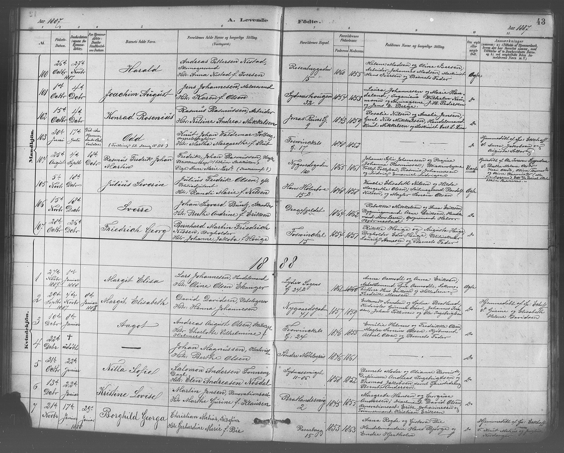 Johanneskirken sokneprestembete, SAB/A-76001/H/Hab: Parish register (copy) no. A 1, 1885-1900, p. 43