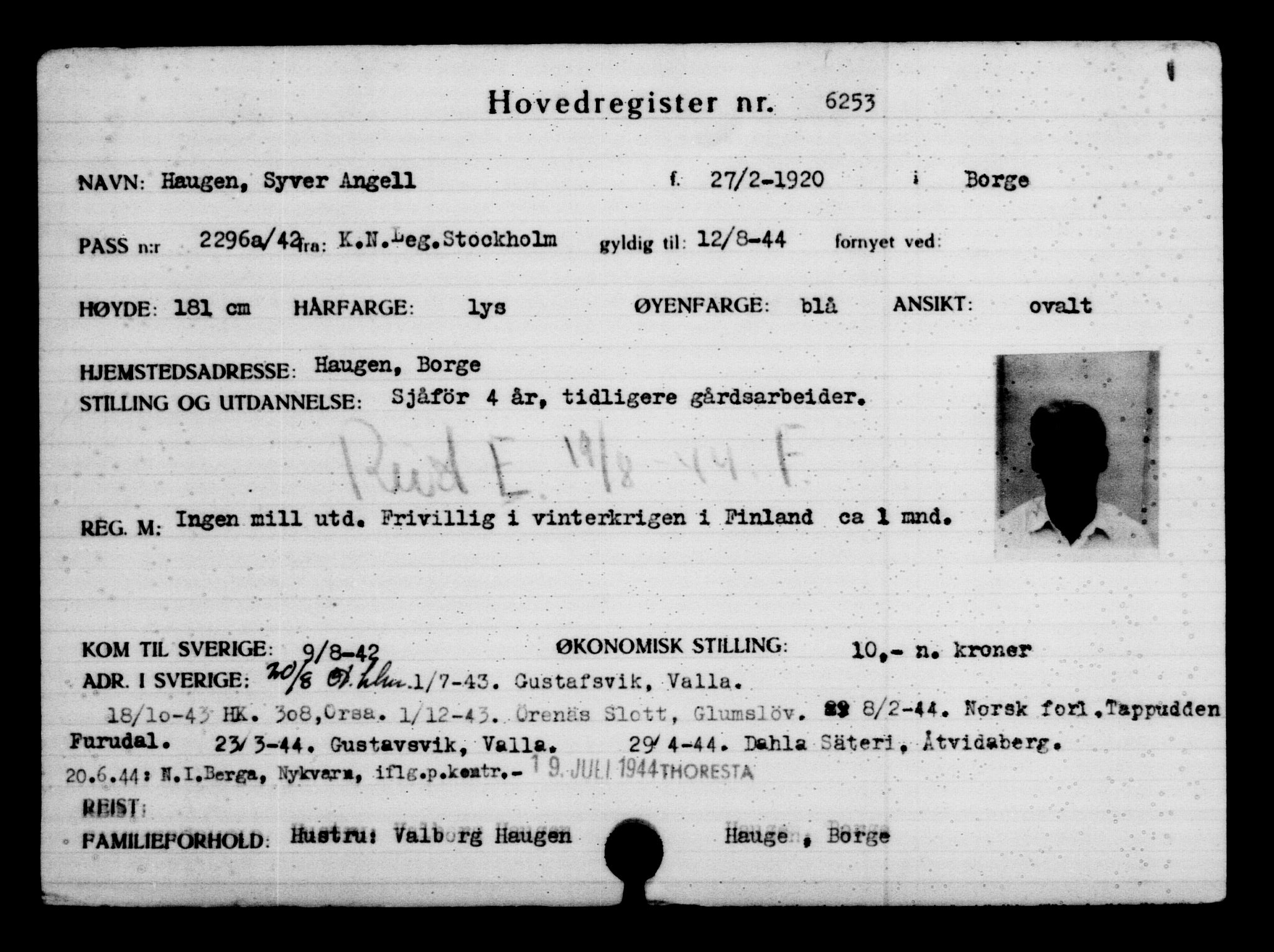 Utenriksstasjonene, Legasjonen i Stockholm, Flyktningkontoret, AV/RA-S-6753/V/Va/L0004: Kjesäterkartoteket, flyktninger med registreringsnr. 3496-6610, 1940-1945, p. 3243