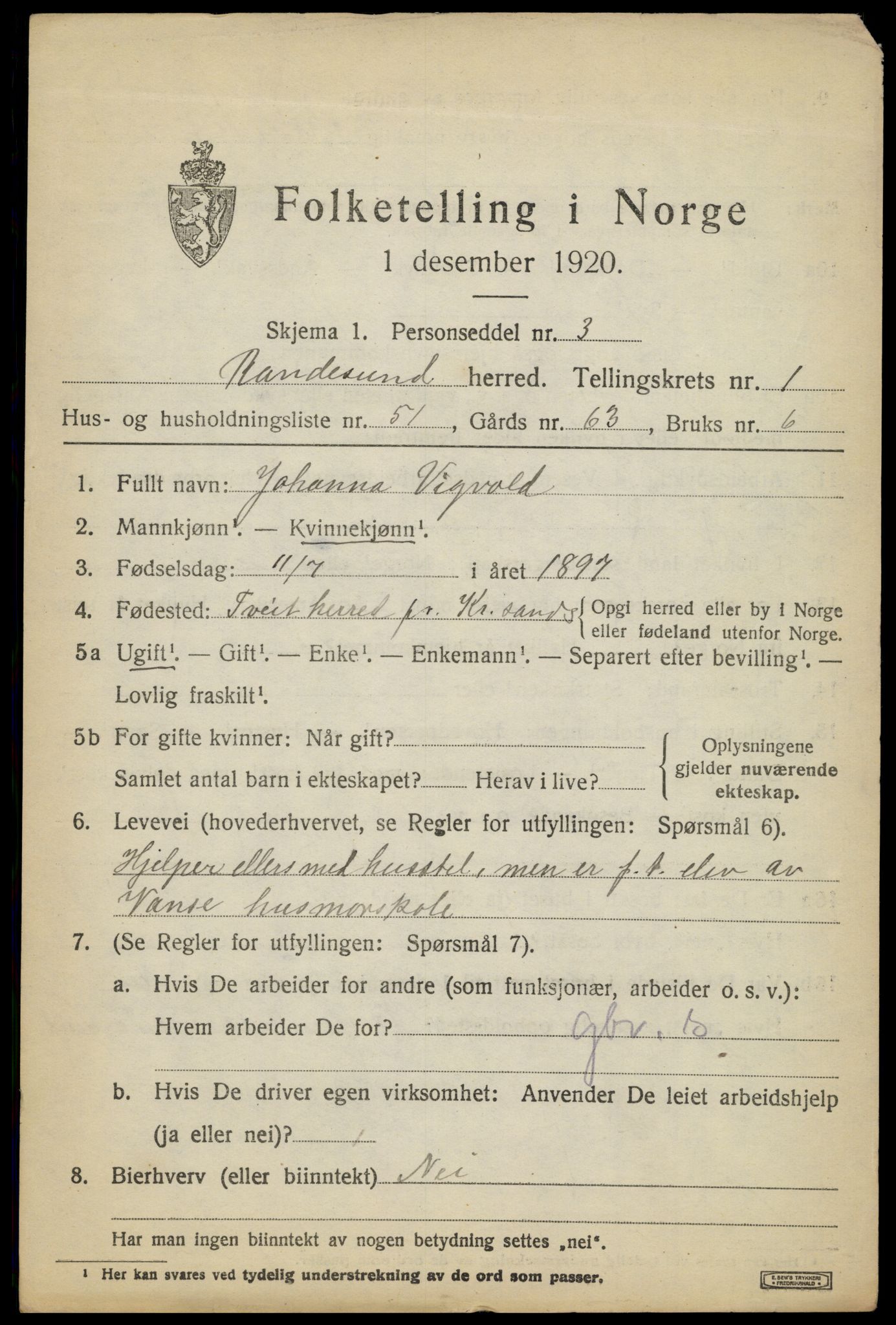 SAK, 1920 census for Randesund, 1920, p. 1086