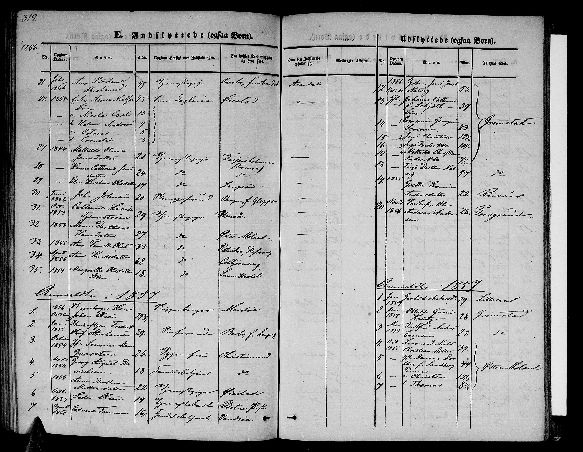 Arendal sokneprestkontor, Trefoldighet, SAK/1111-0040/F/Fb/L0002: Parish register (copy) no. B 2, 1838-1860, p. 319