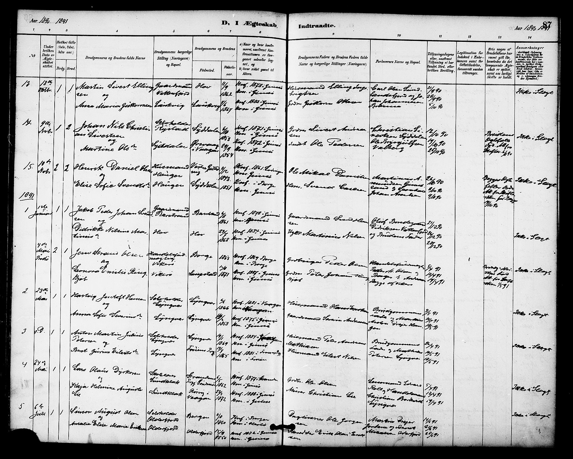 Ministerialprotokoller, klokkerbøker og fødselsregistre - Nordland, AV/SAT-A-1459/876/L1097: Parish register (official) no. 876A03, 1886-1896, p. 87