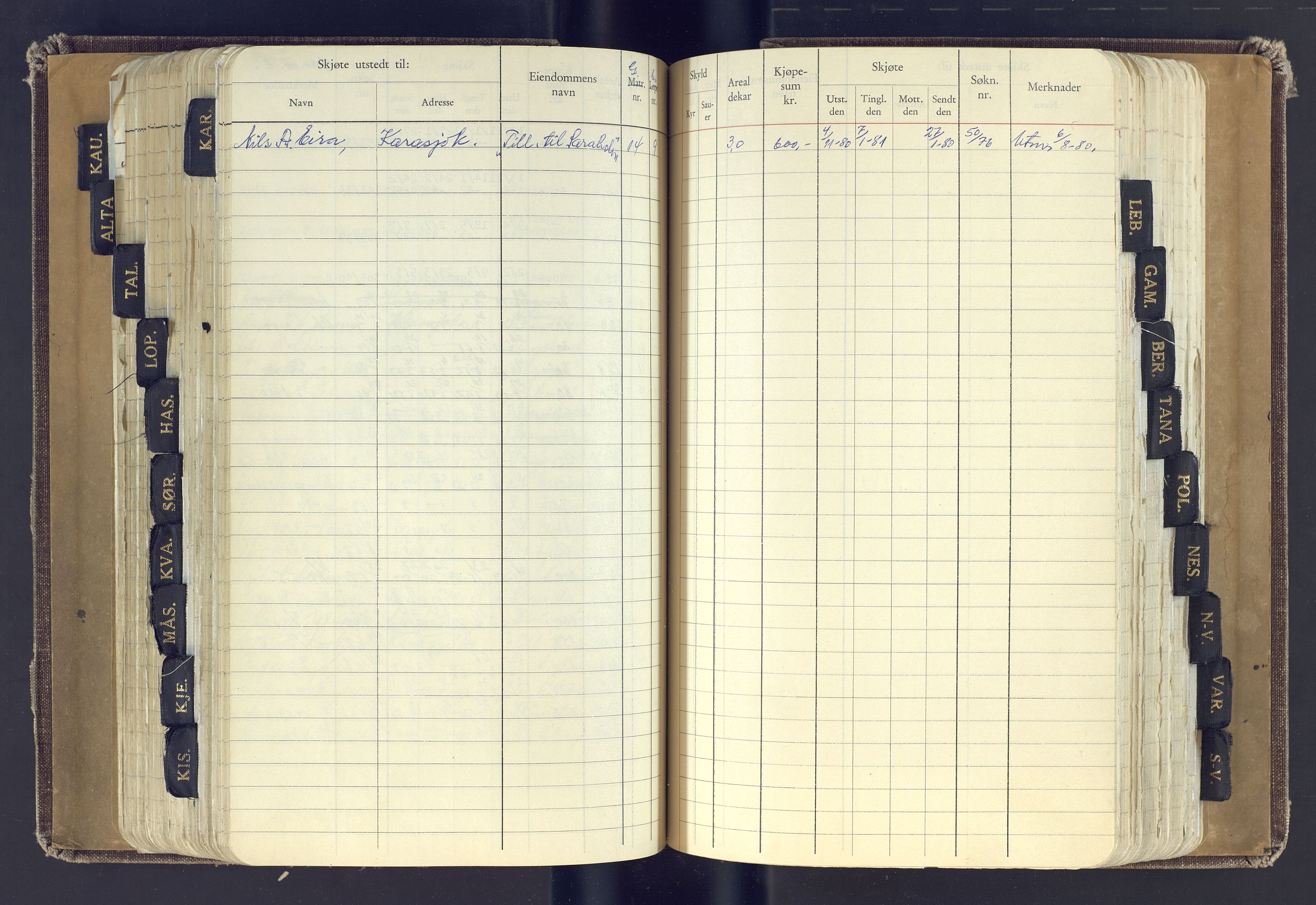 Finnmark jordsalgskommisjon/jordsalgskontor og Statskog SF Finnmark jordsalgskontor, AV/SATØ-S-1443/J/Jc/L0001: Skjøtebok, 1932-1983