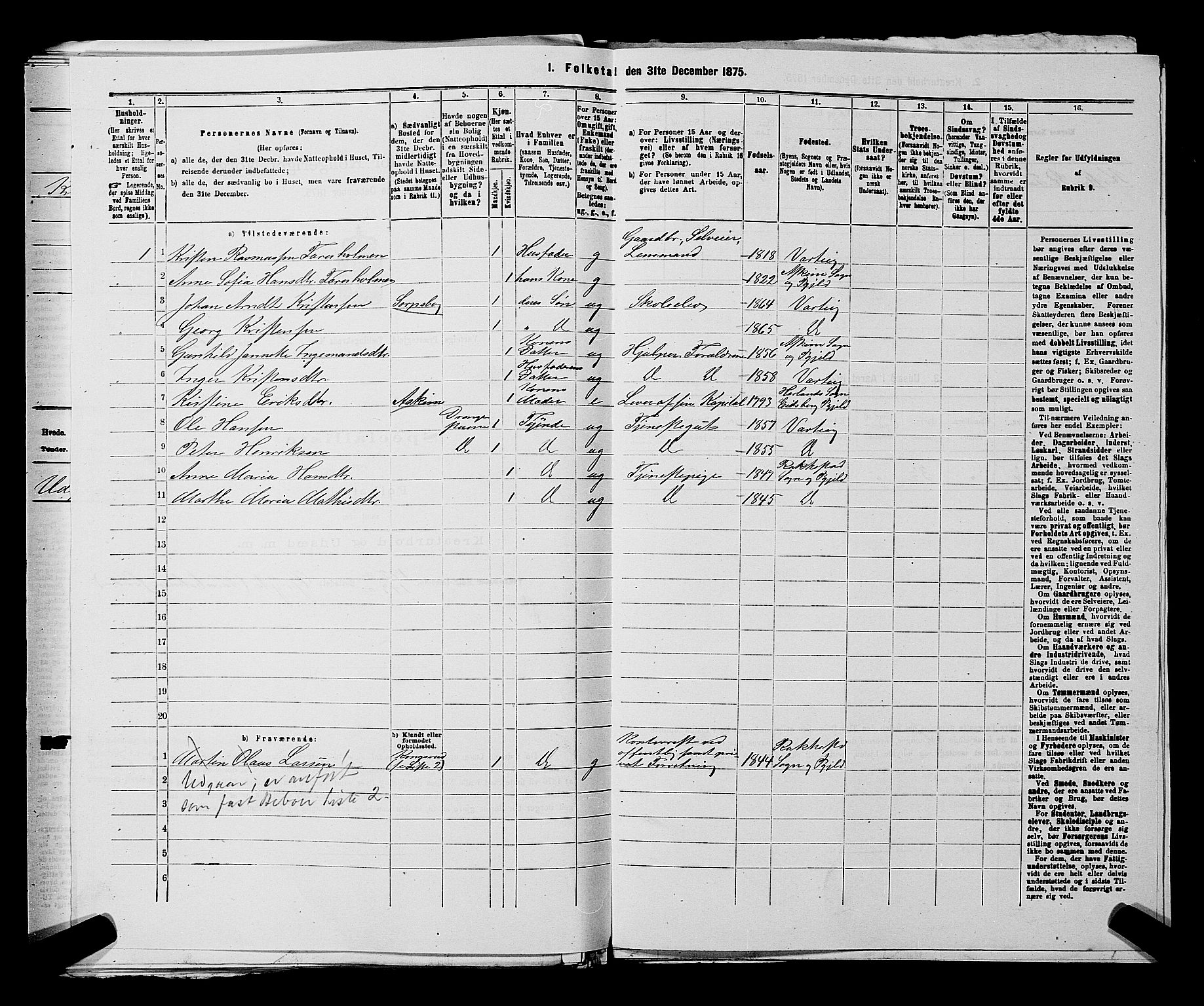 RA, 1875 census for 0114P Varteig, 1875, p. 252